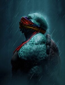 Blindfolded Turtle Warrior in the Rain