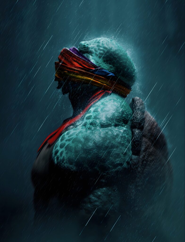 Blindfolded Turtle Warrior in the Rain