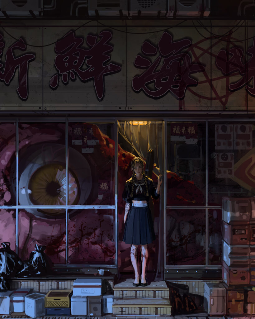 Girl in Uniform at Horror Seafood Shop