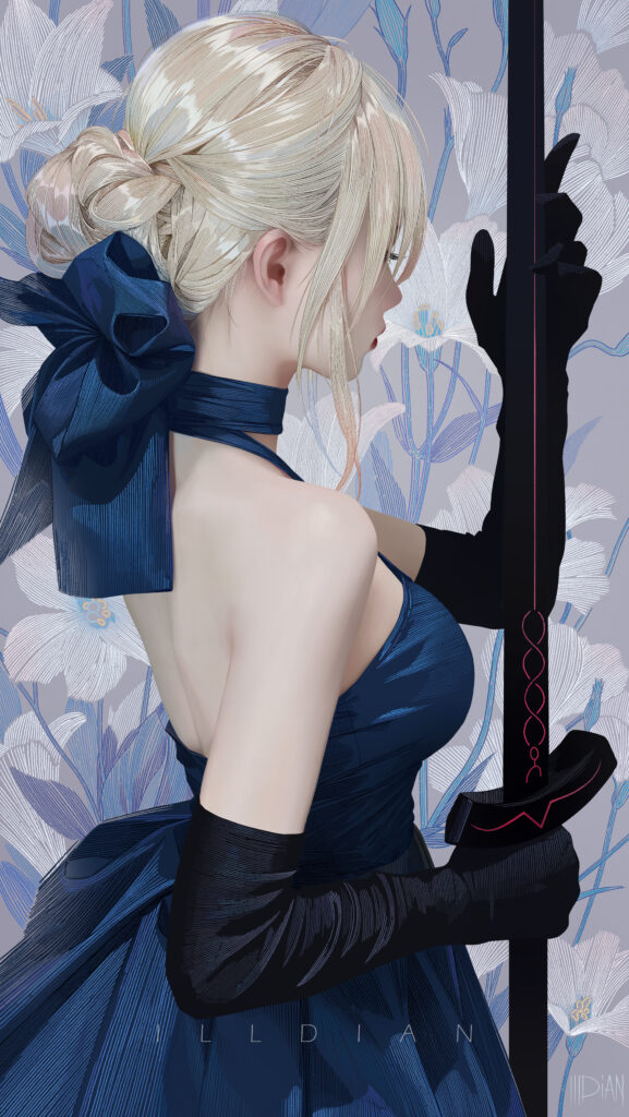 Elegant Blonde Woman with Sword and Blue Dress