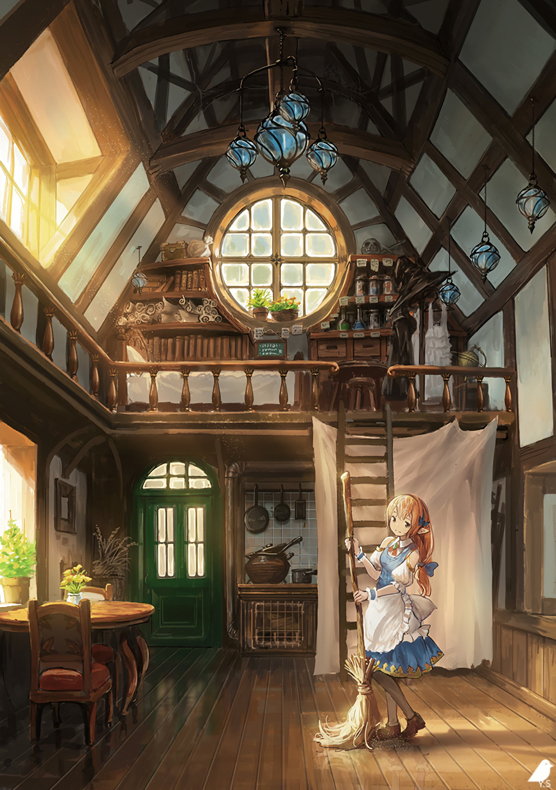 Cozy Loft Interior with Elf Girl