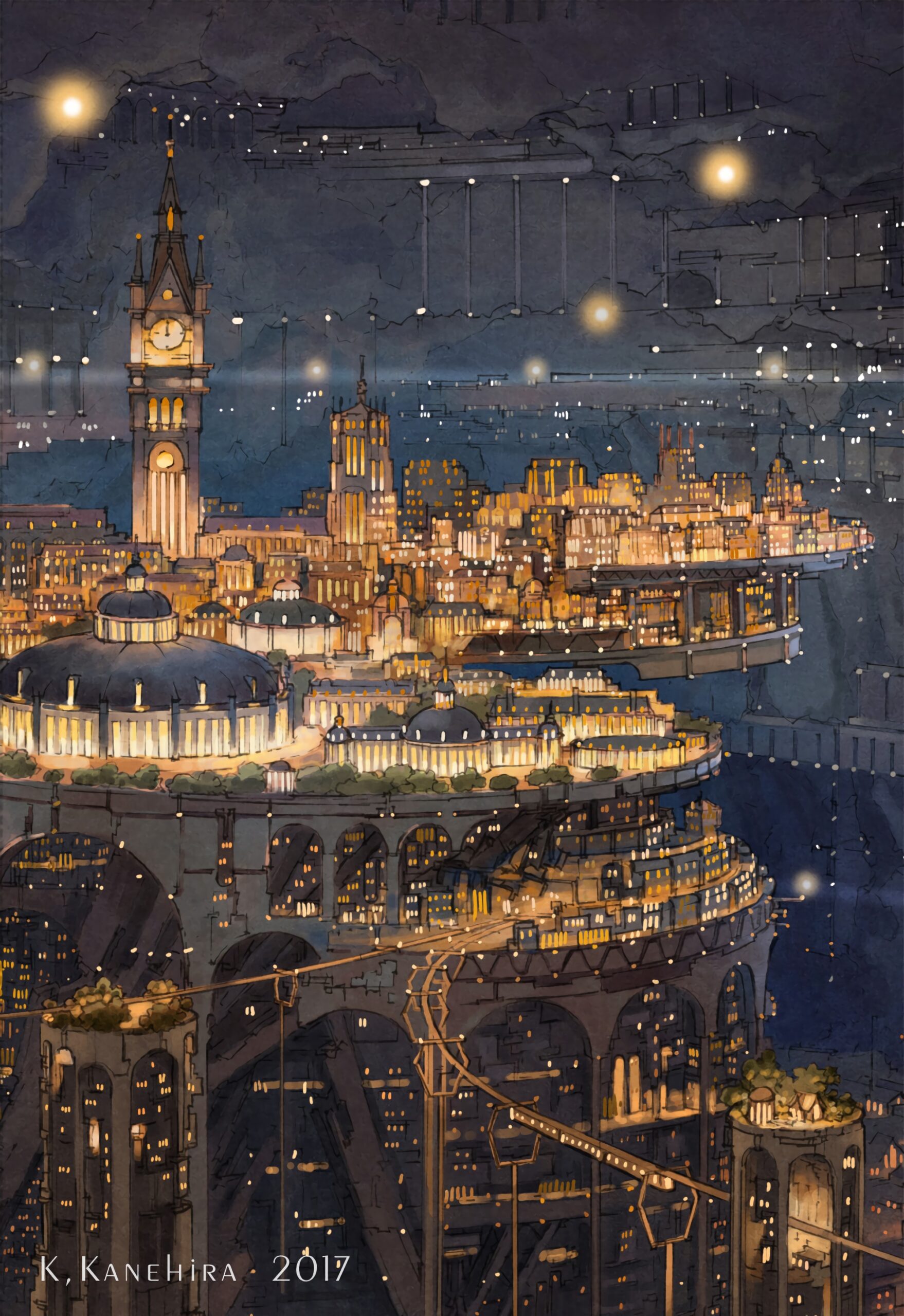 Illuminated Steampunk Cityscape at Night