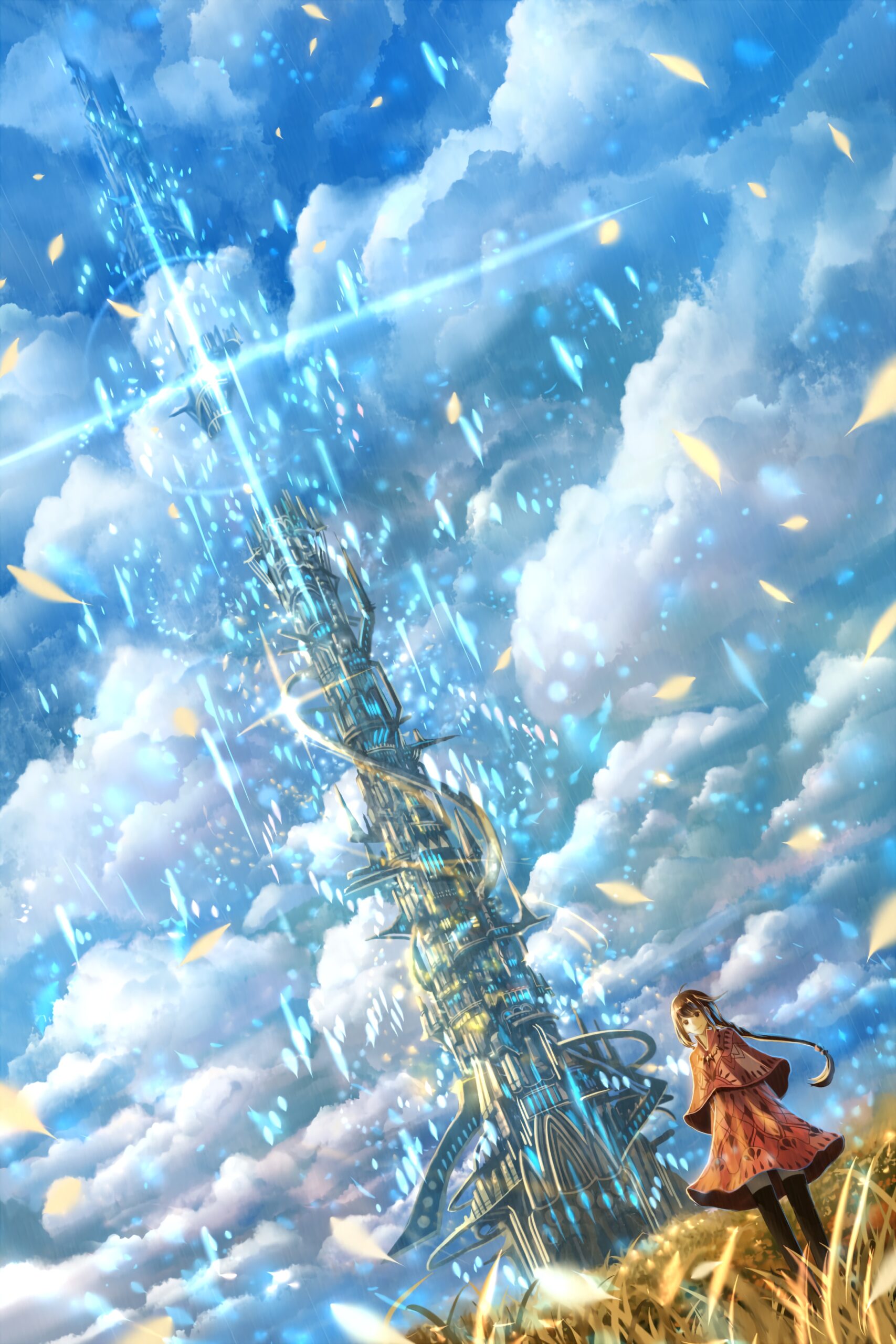 Celestial futuristic tower shining blue