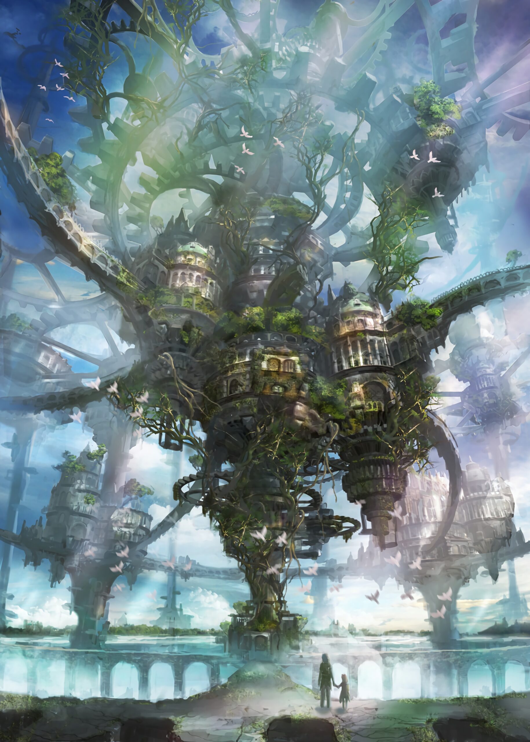 Giant clockwork tree city overgrown