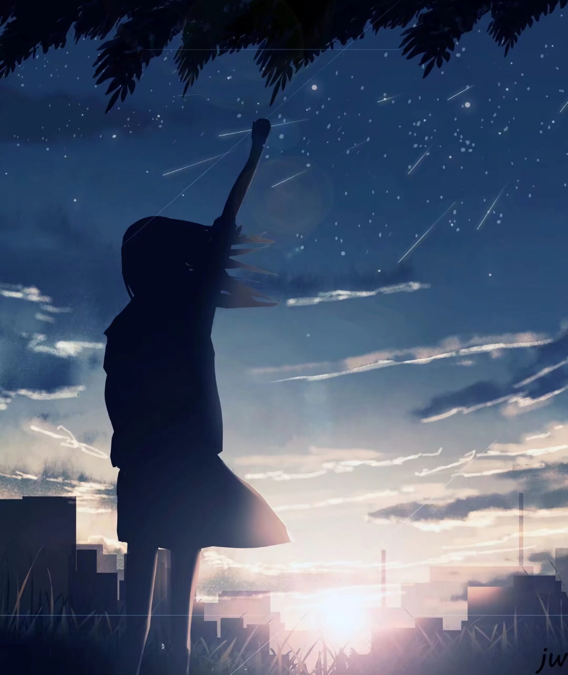 Girl silhouette sunrise starry sky dusk