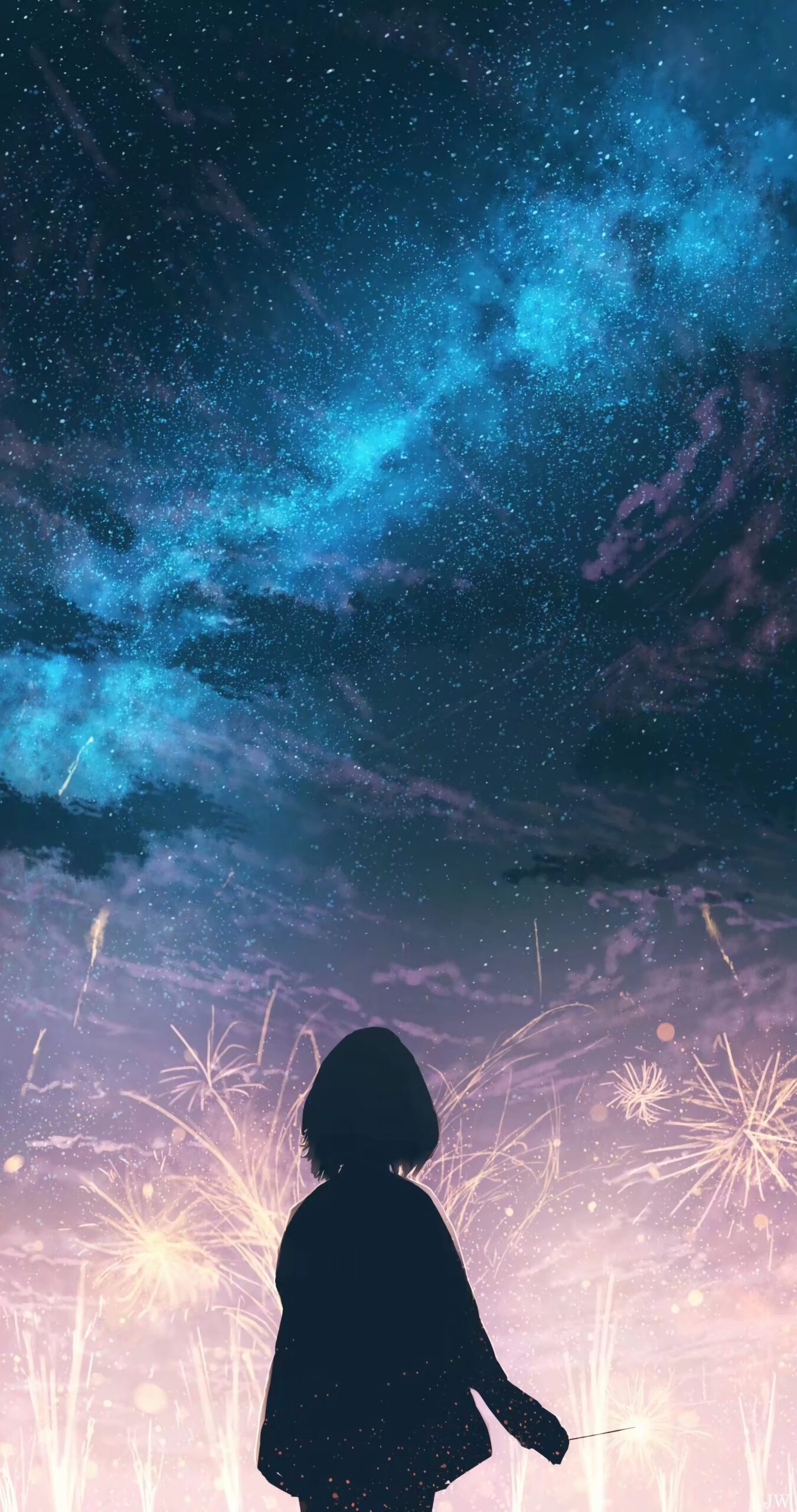 Girl watching fireworks Milky Way