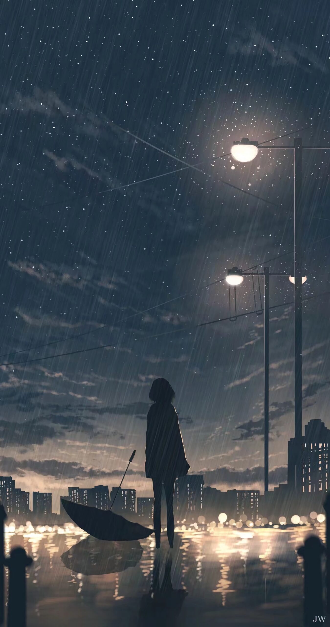 Girl with umbrella in rain dark night