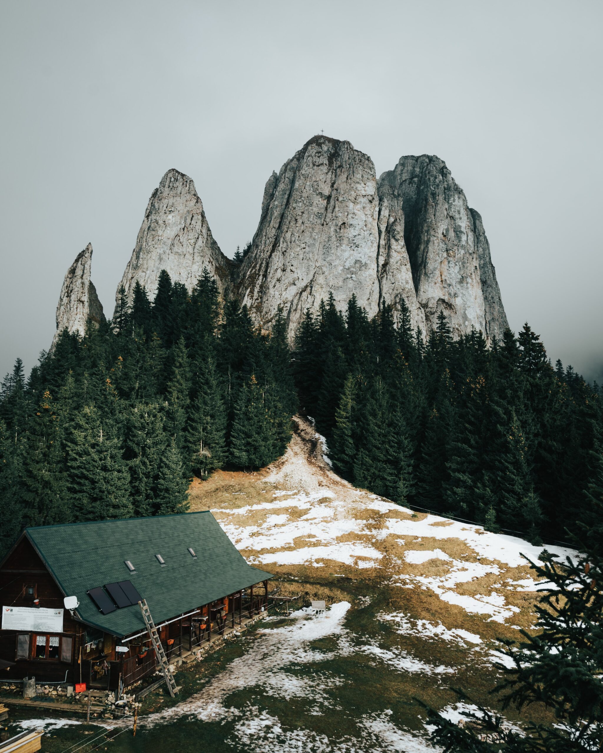 mountain cabin towering rocks pine
