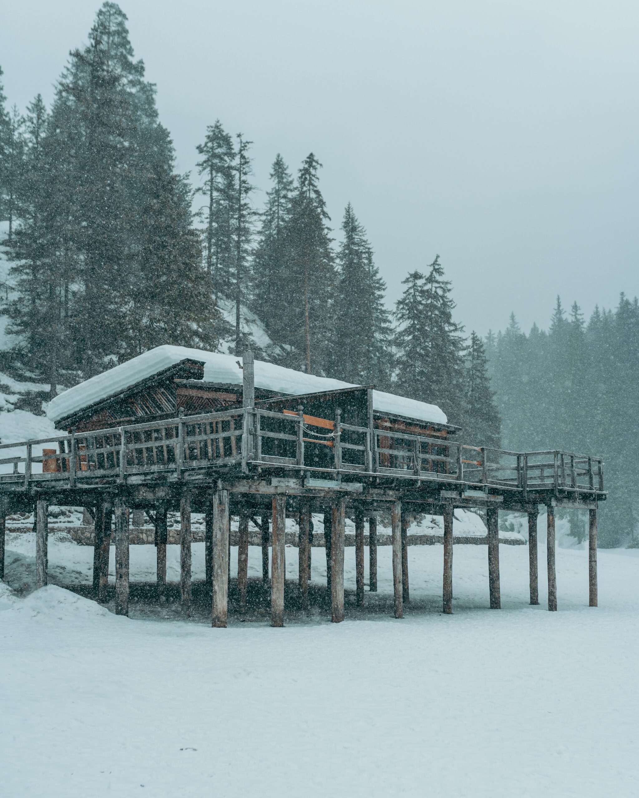 winter boathouse snow covered wooden