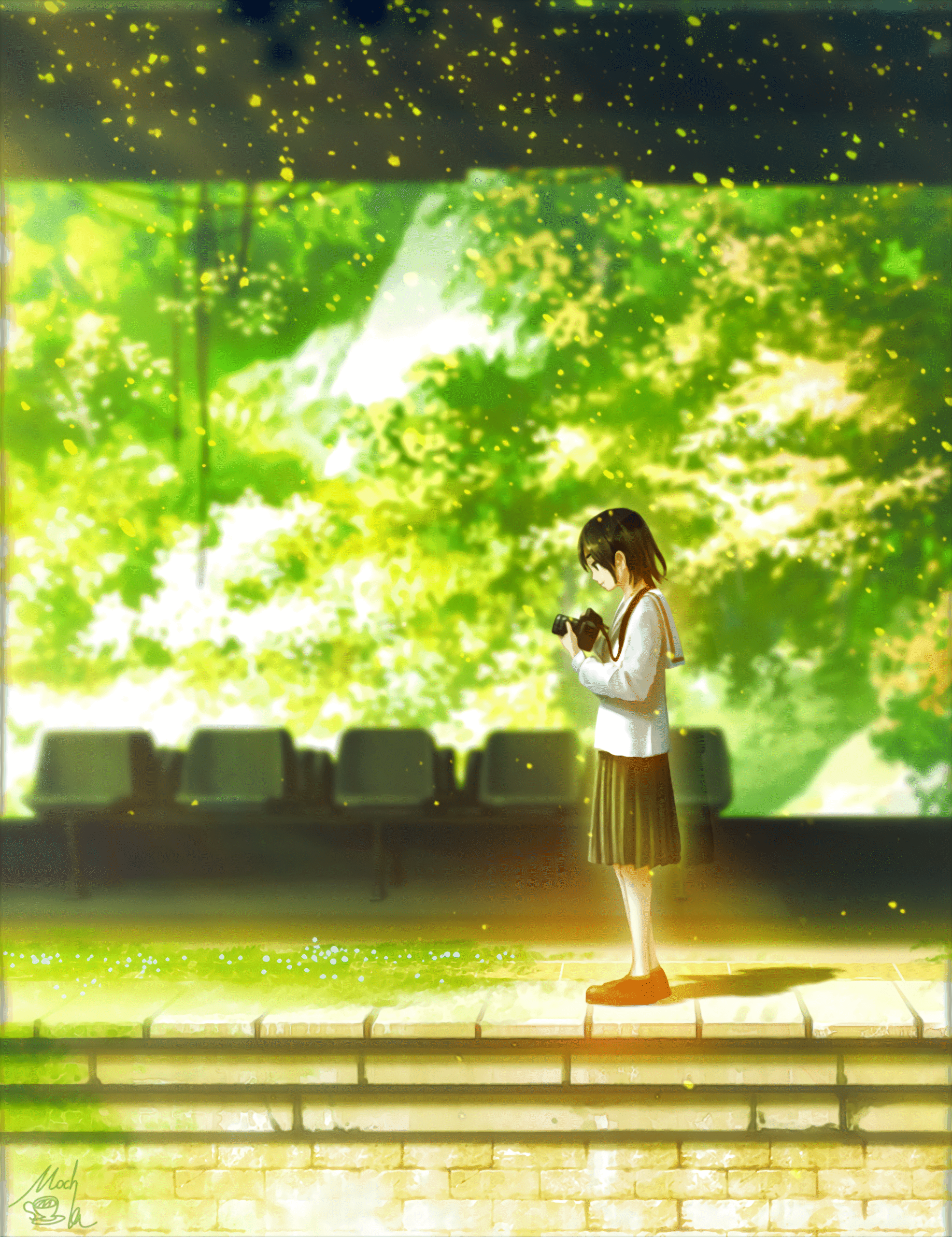 girl camera trainstation sunlight green