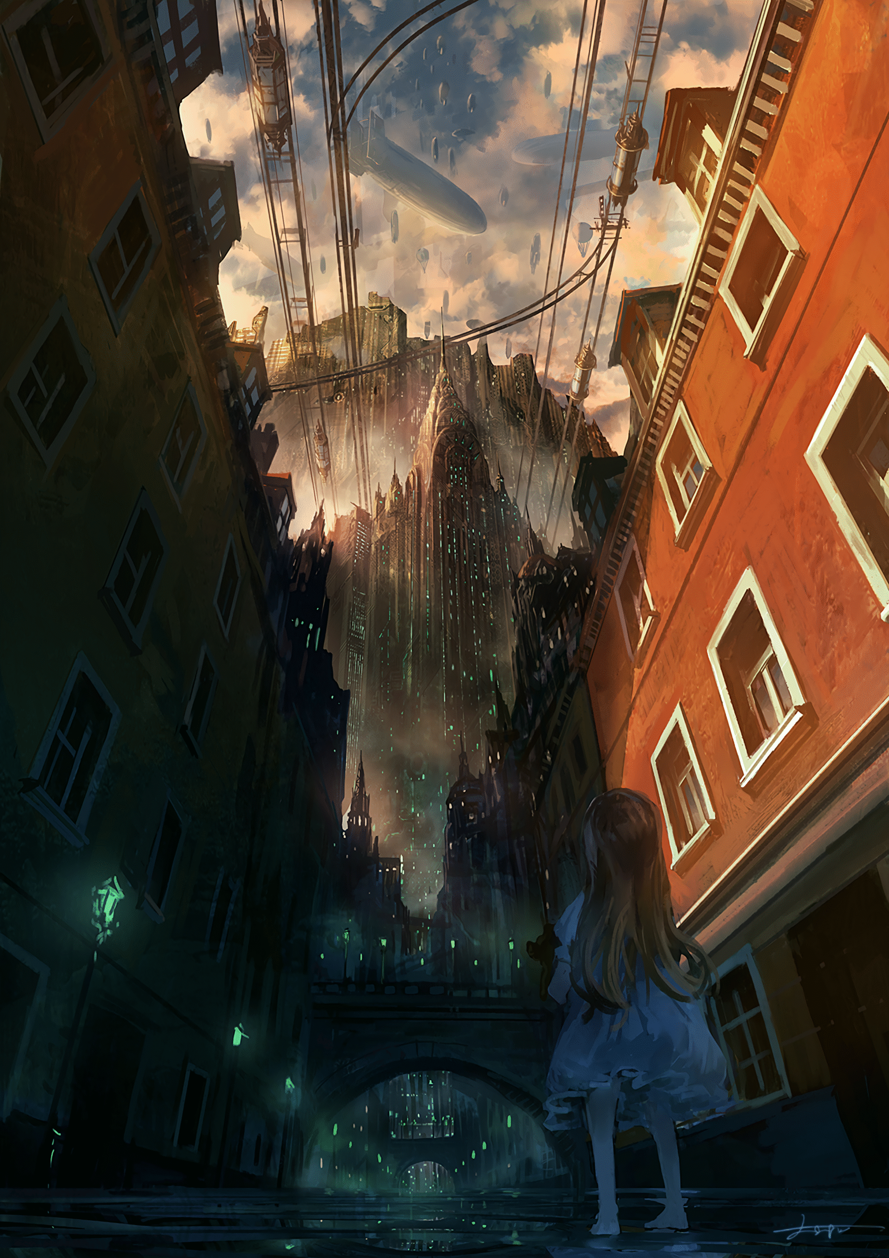 steampunk city alley airship gothic