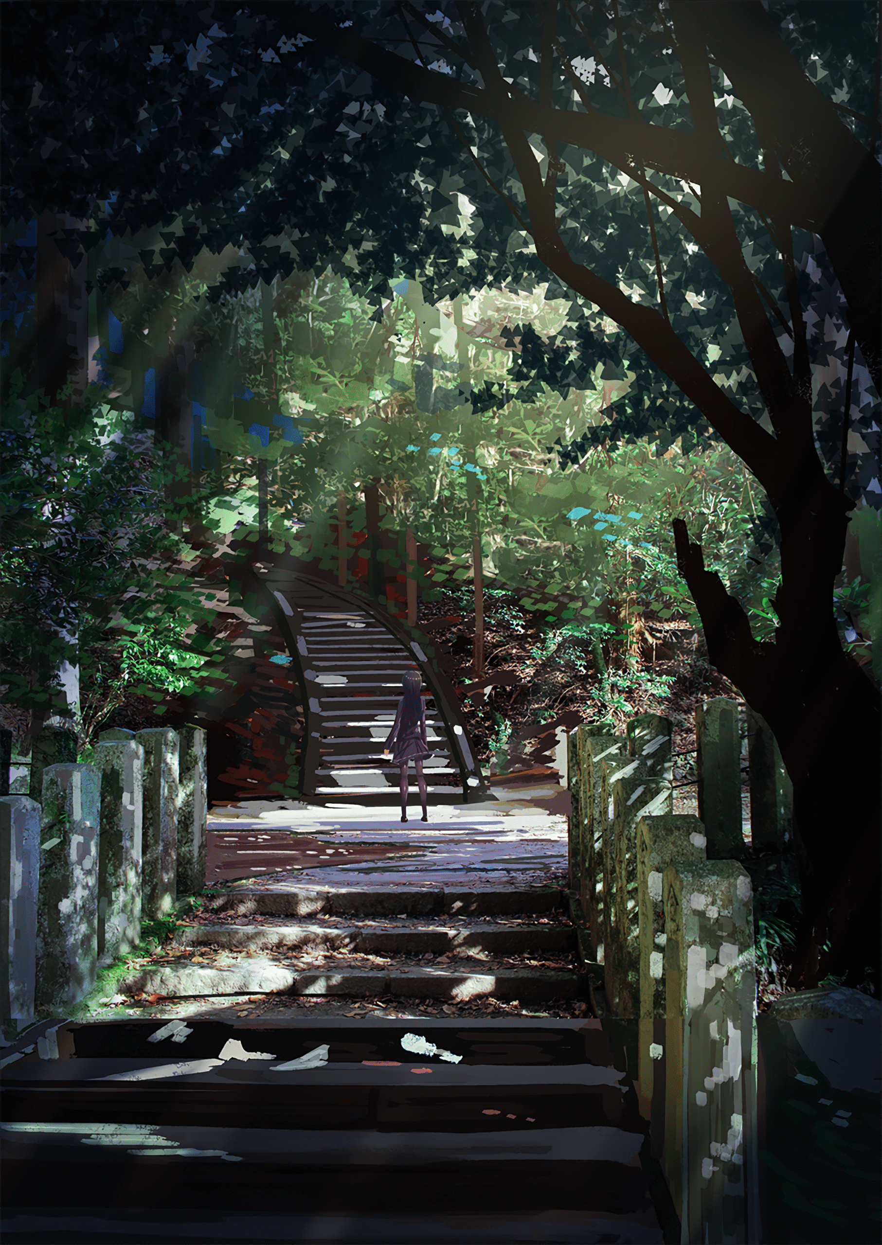 girl stairs forest sunlight path