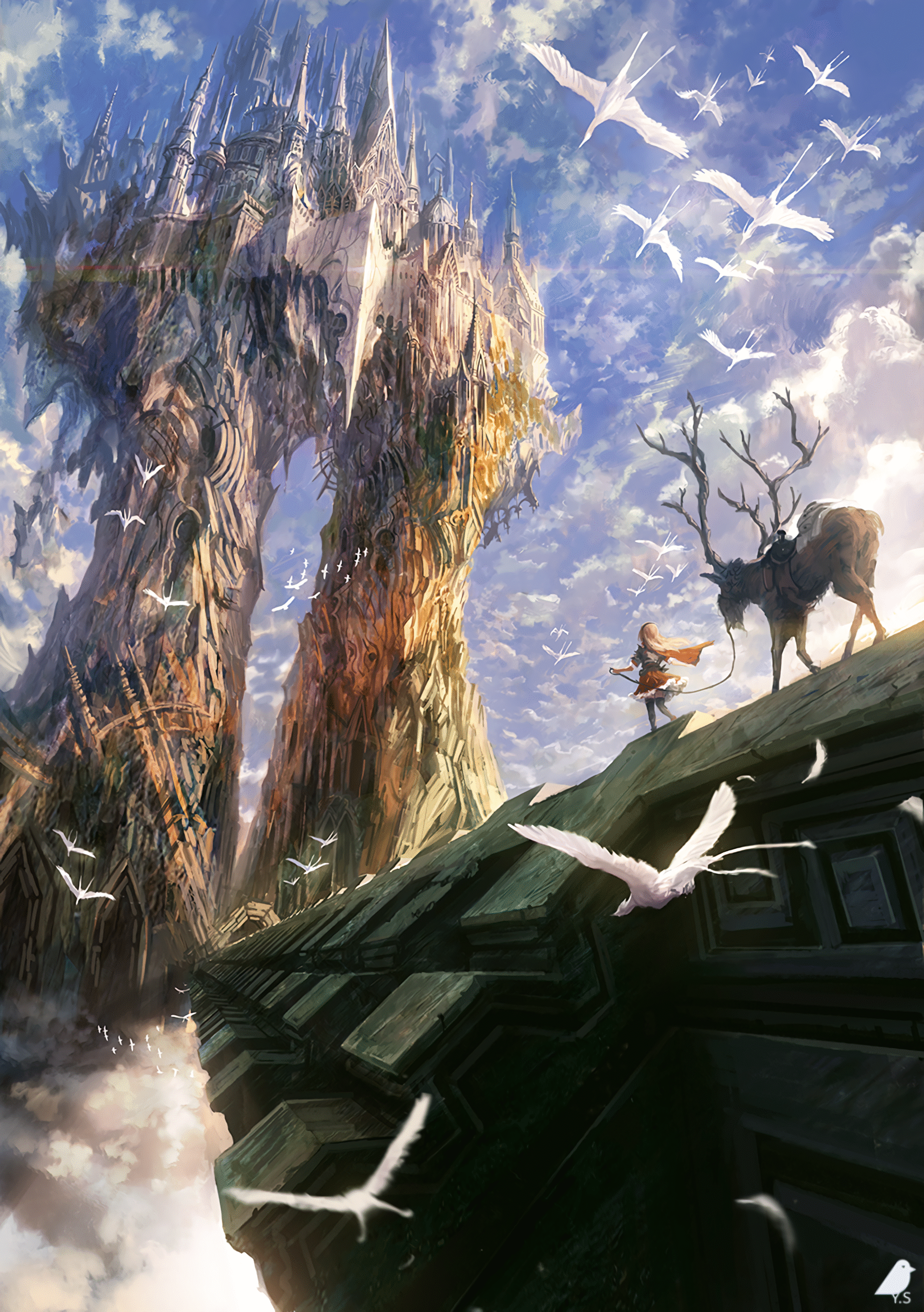 castle fantasy girl deer stag birds