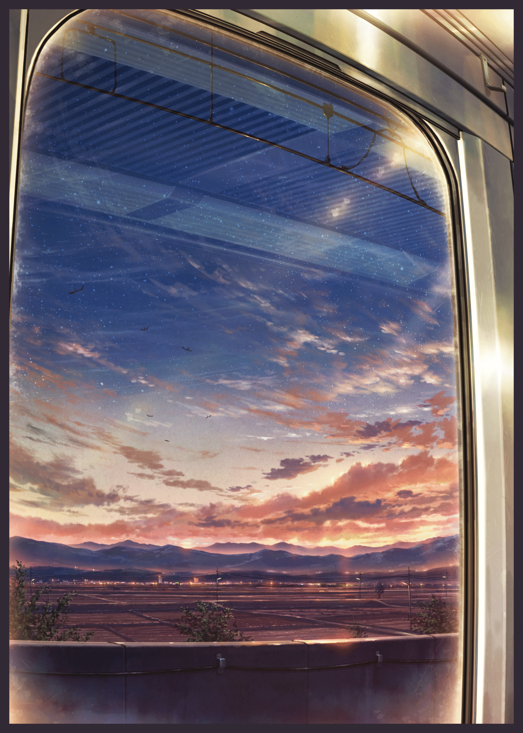 train window sunset countryside stars