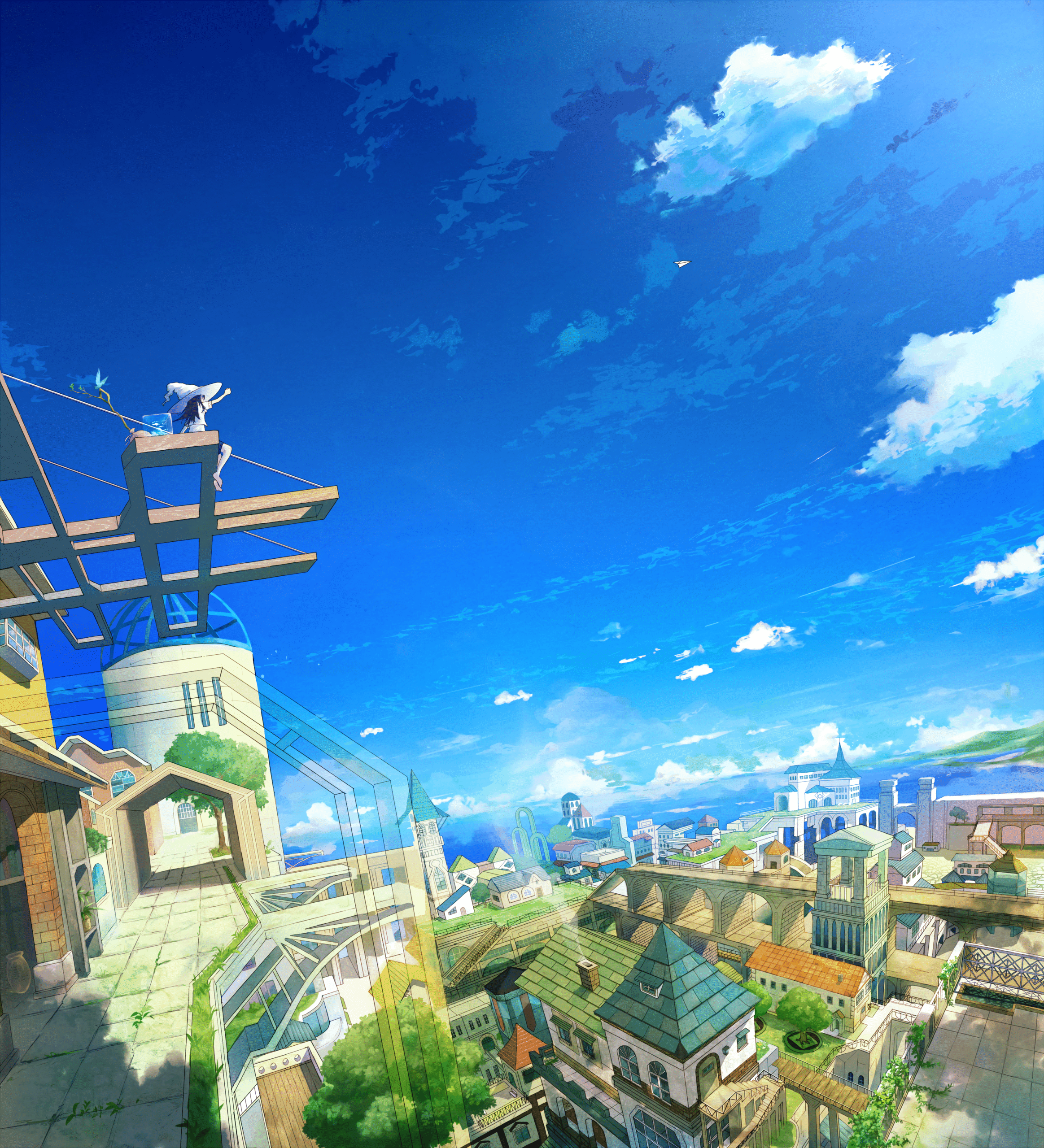 cityscape blue sky rooftop girl