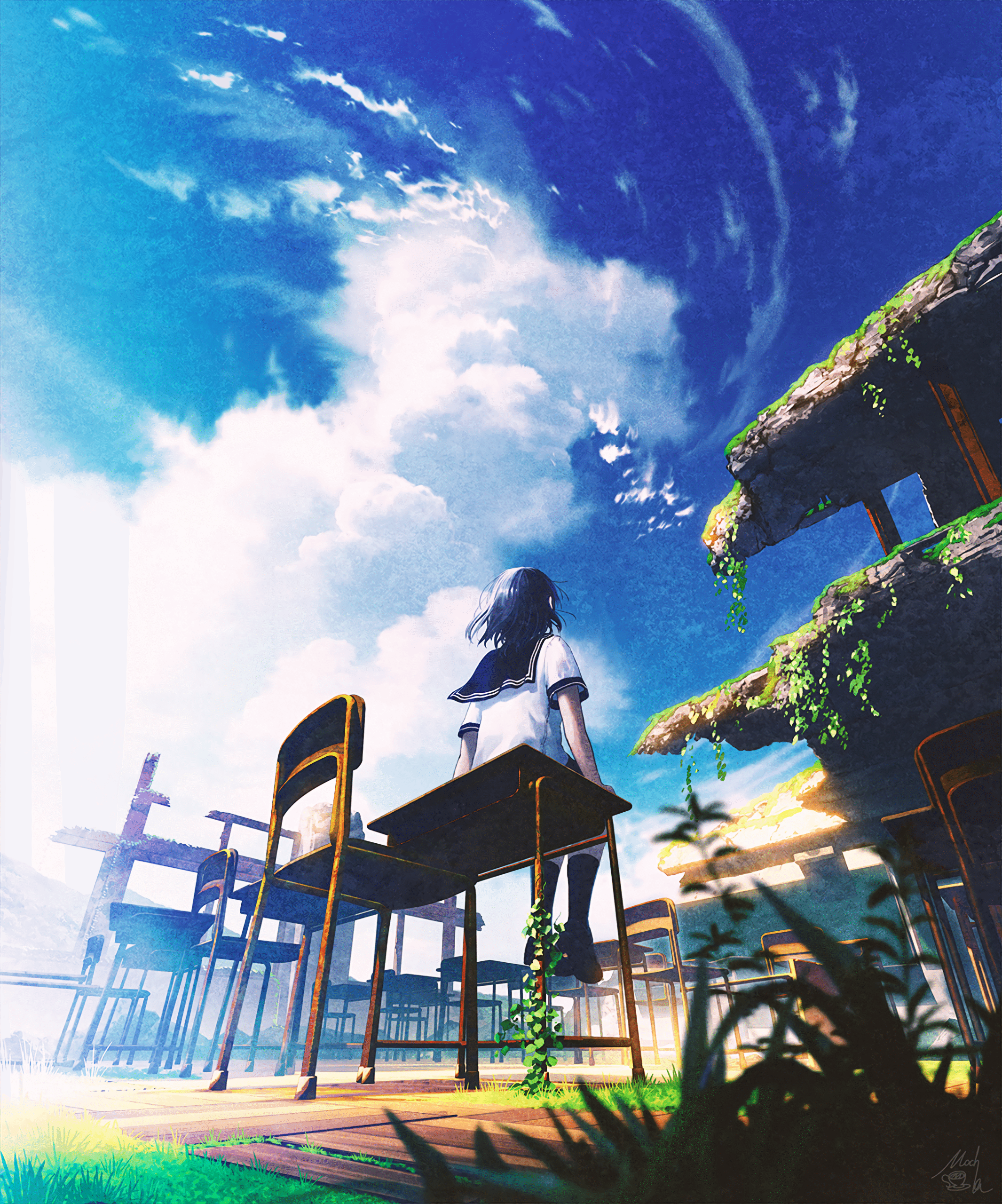 school ruins girl desk clouds sky blue