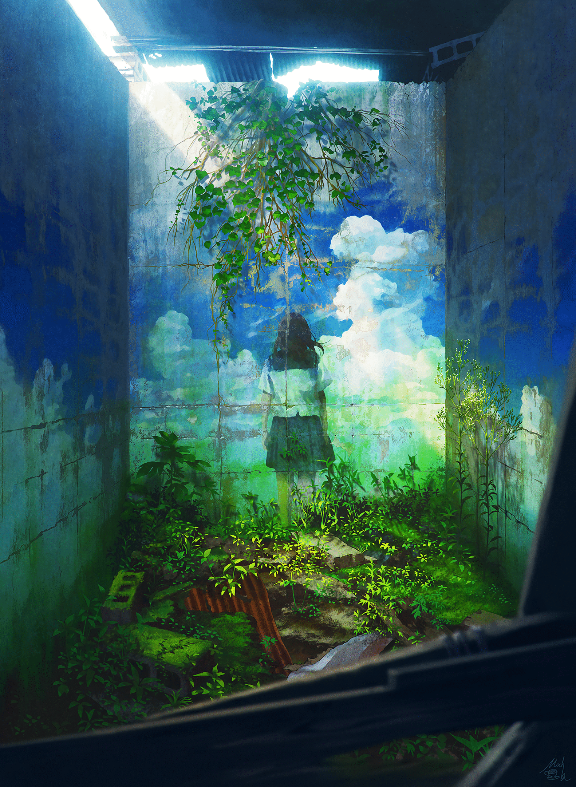 girl ruins mural nature indoor garden