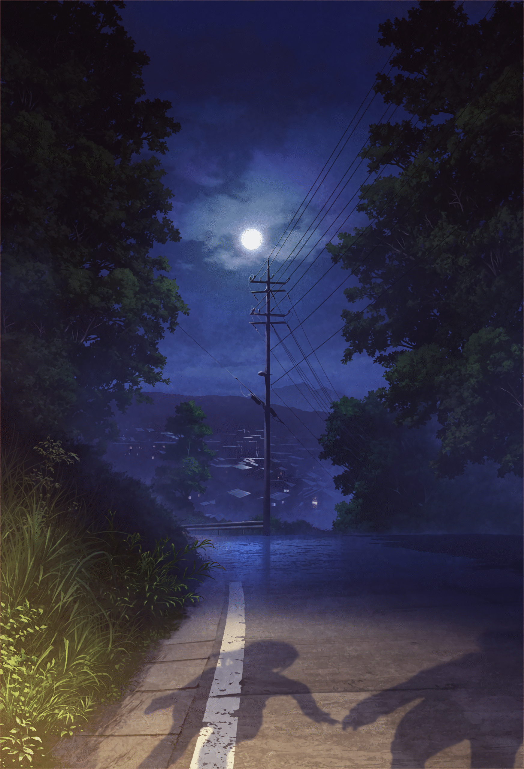 moonlight road night forest powerlines