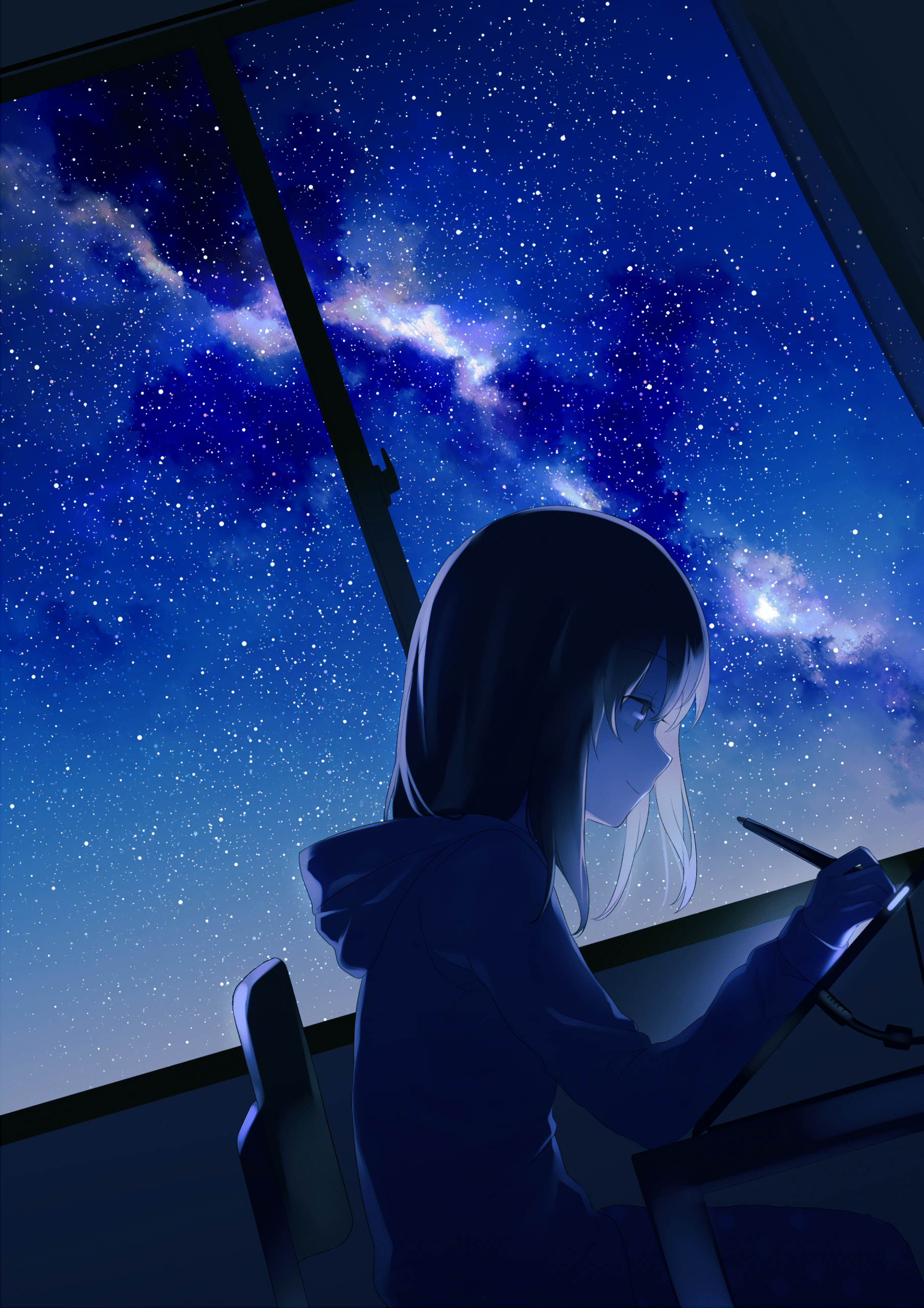 girl drawing milkyway nightsky stars