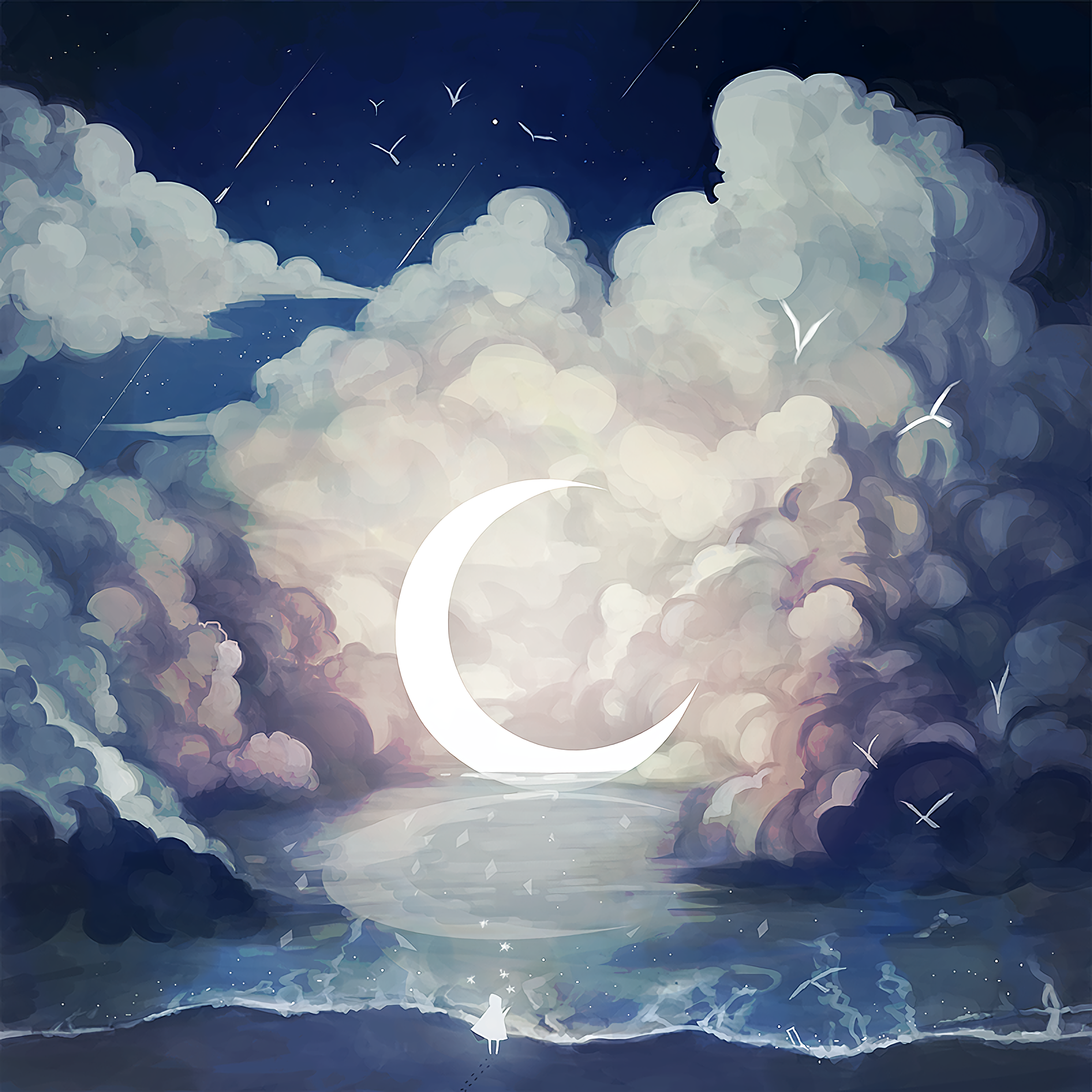 crescent moon clouds sea nightsky birds
