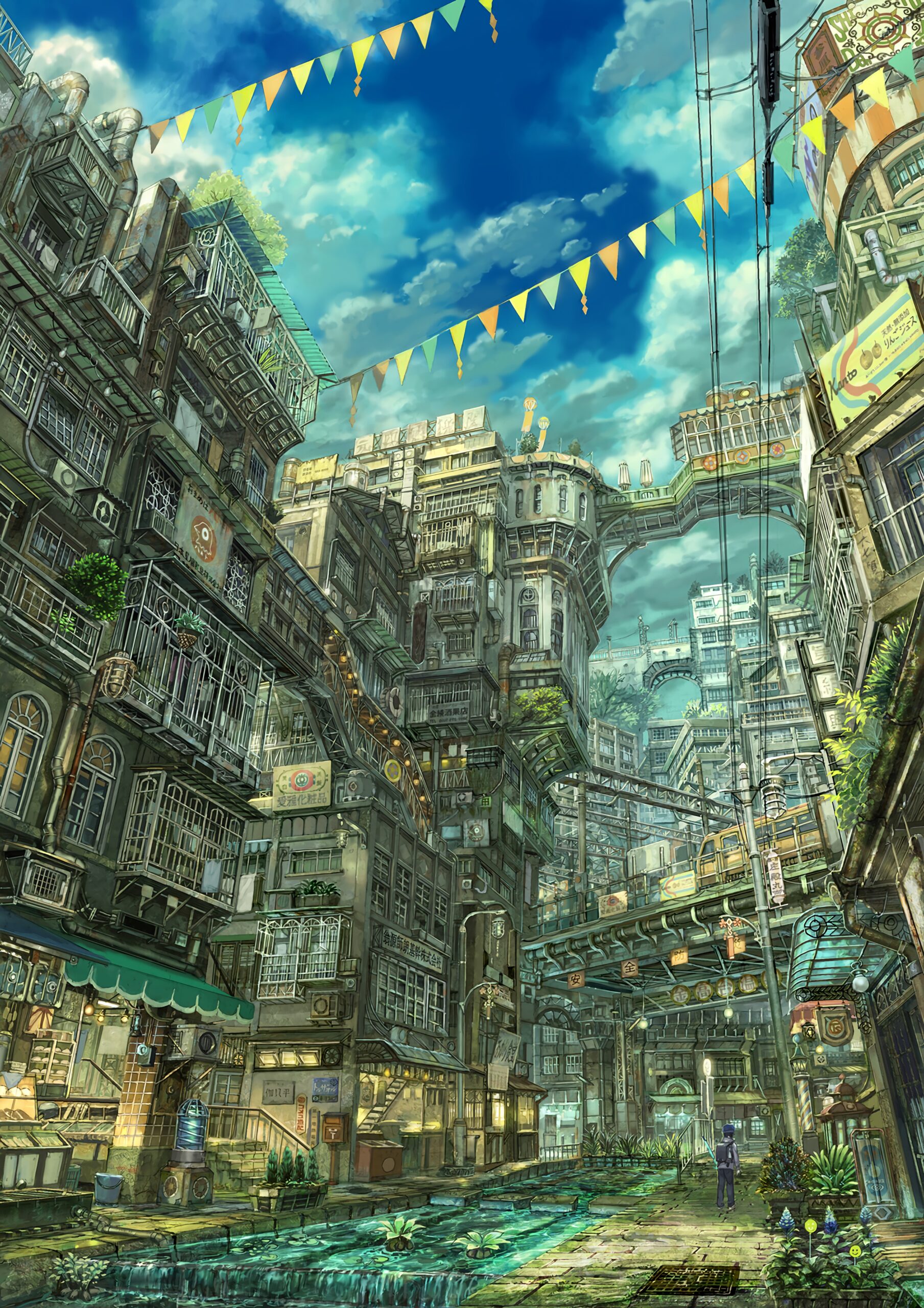 cityscape anime scifi overgrown