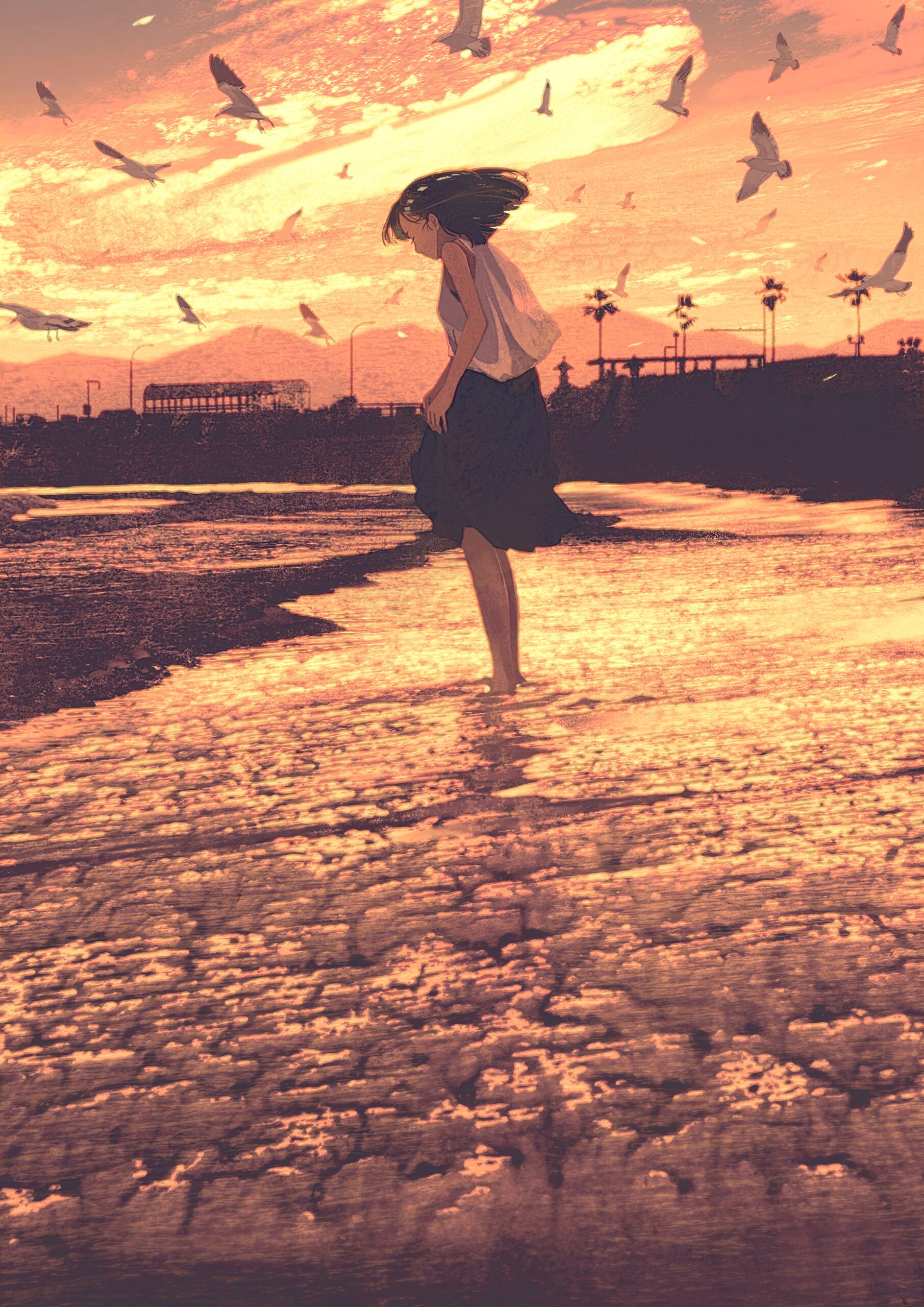 sunset beach girl anime digital art