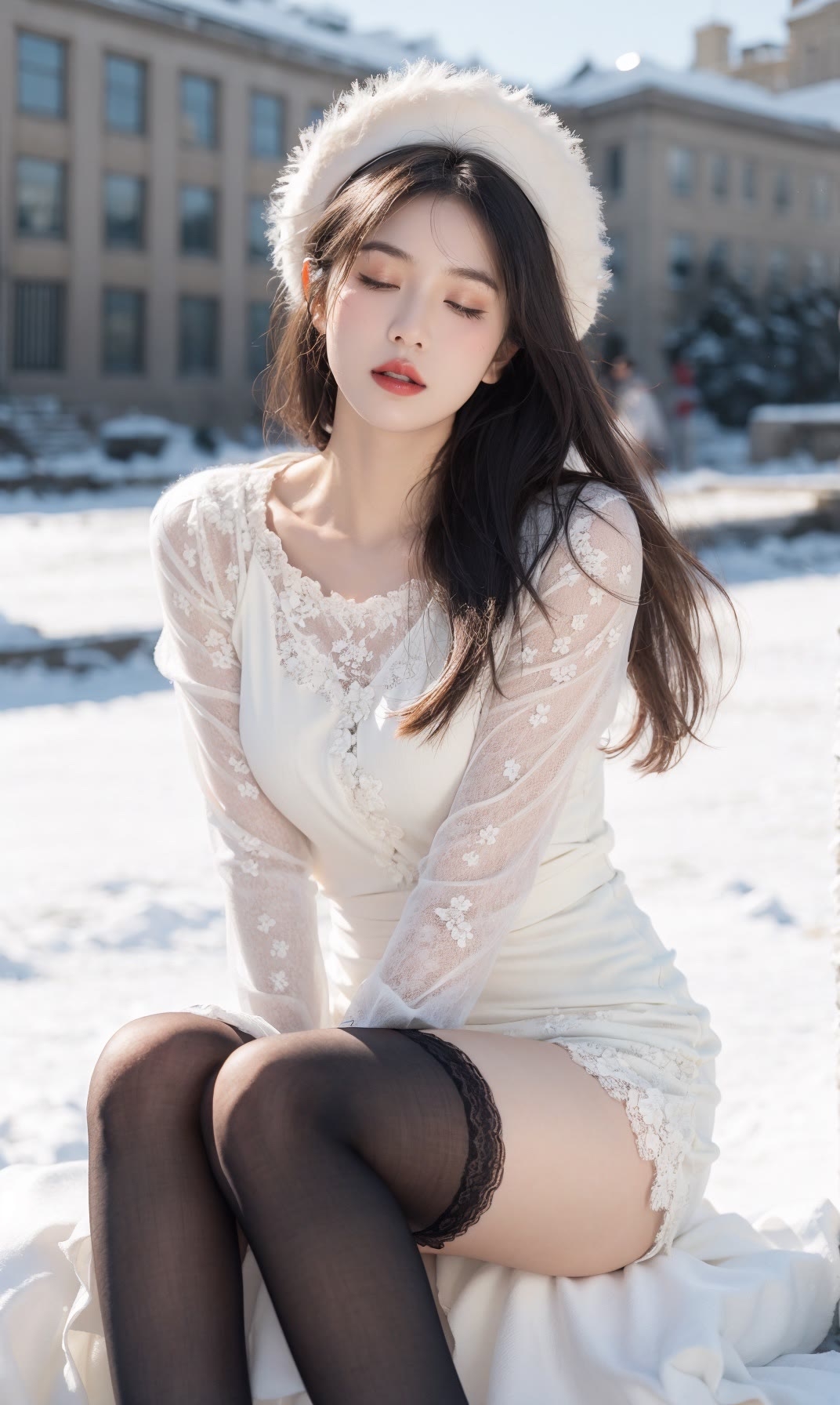 asianwoman winter snow whitedress lace