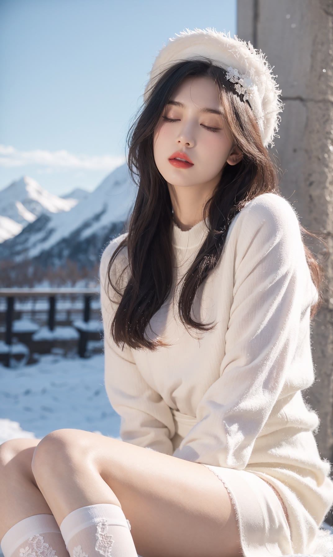 asianwoman winter mountains snow