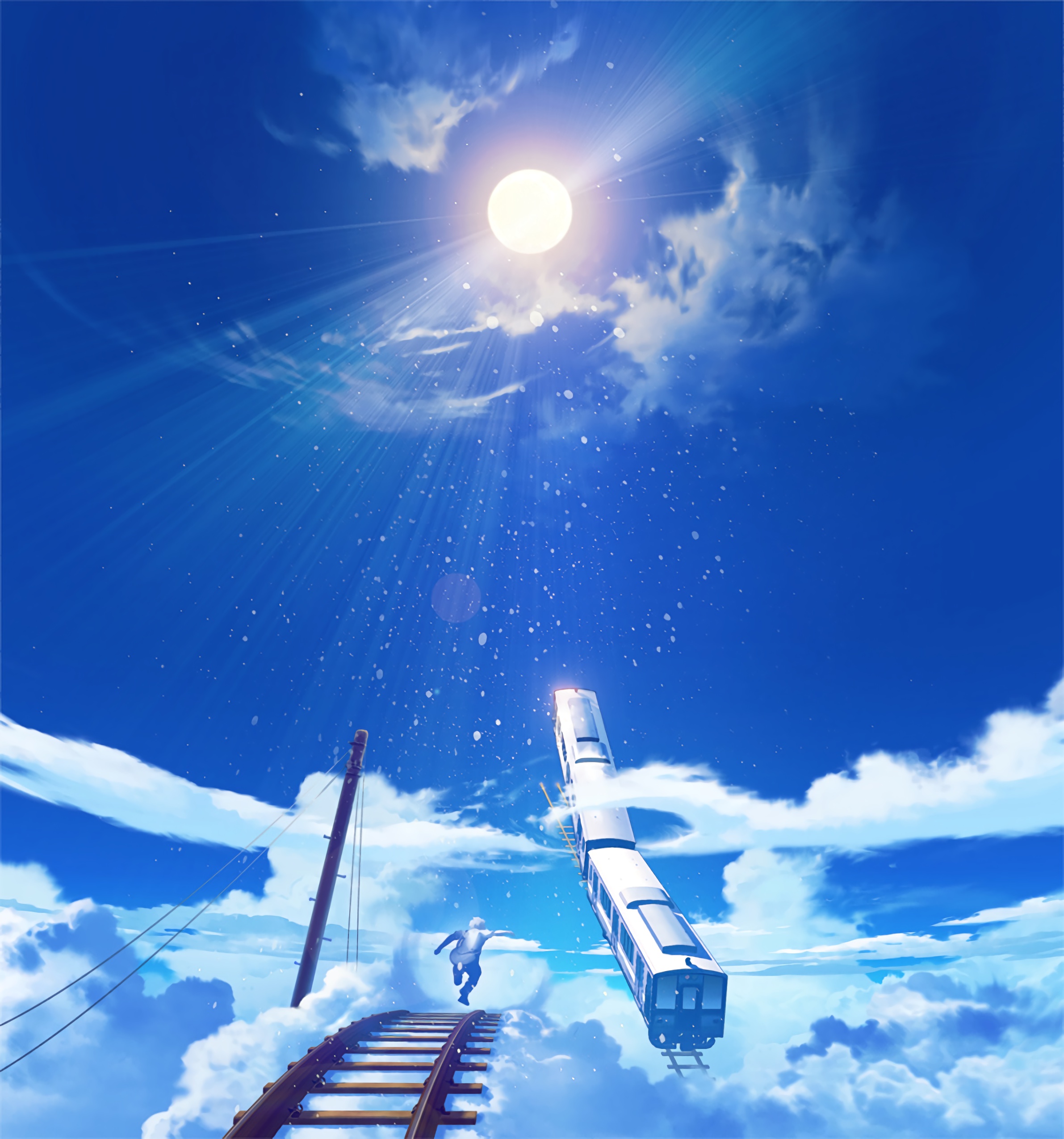 train sky clouds railway running anime