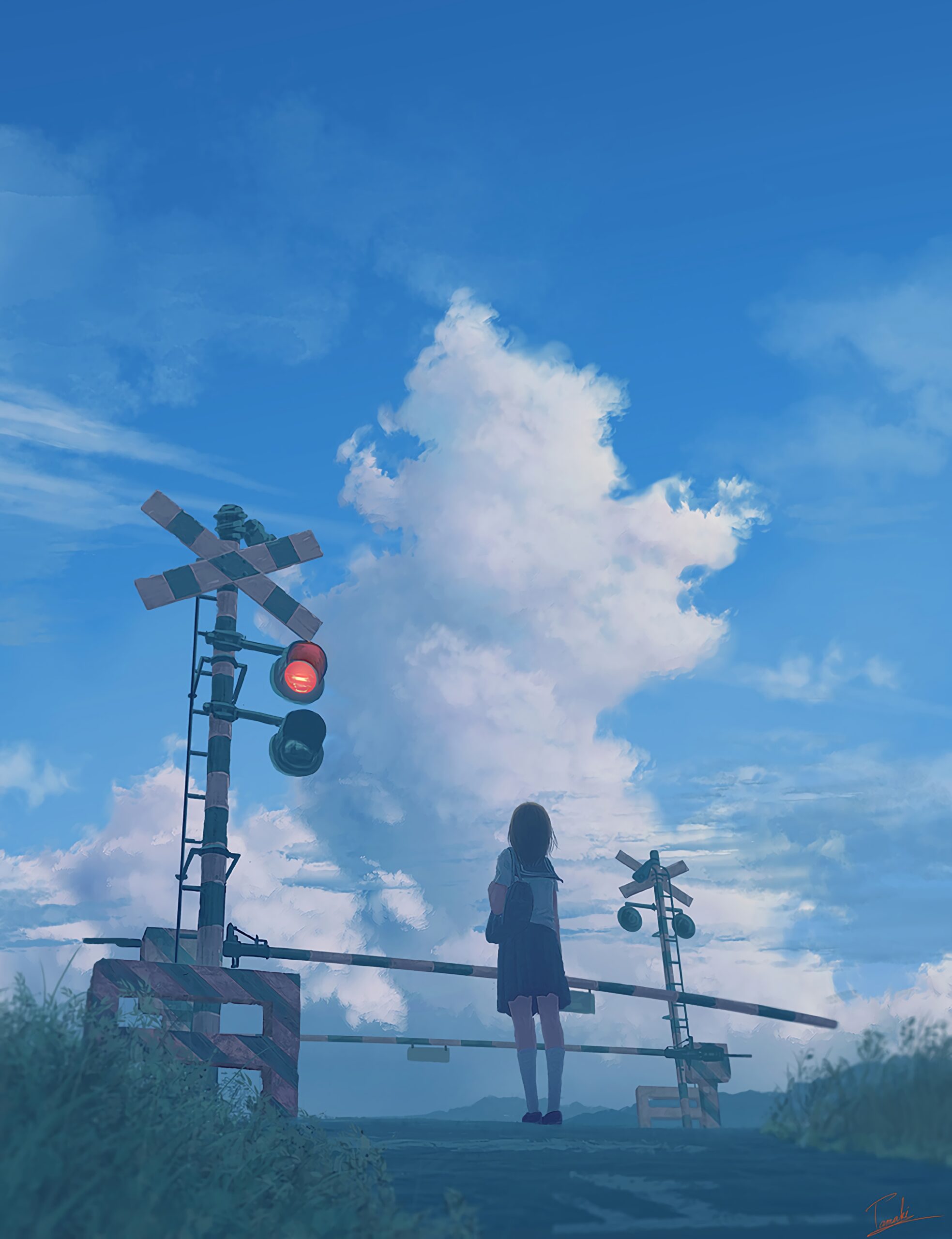 schoolgirl railroad crossing sky clouds