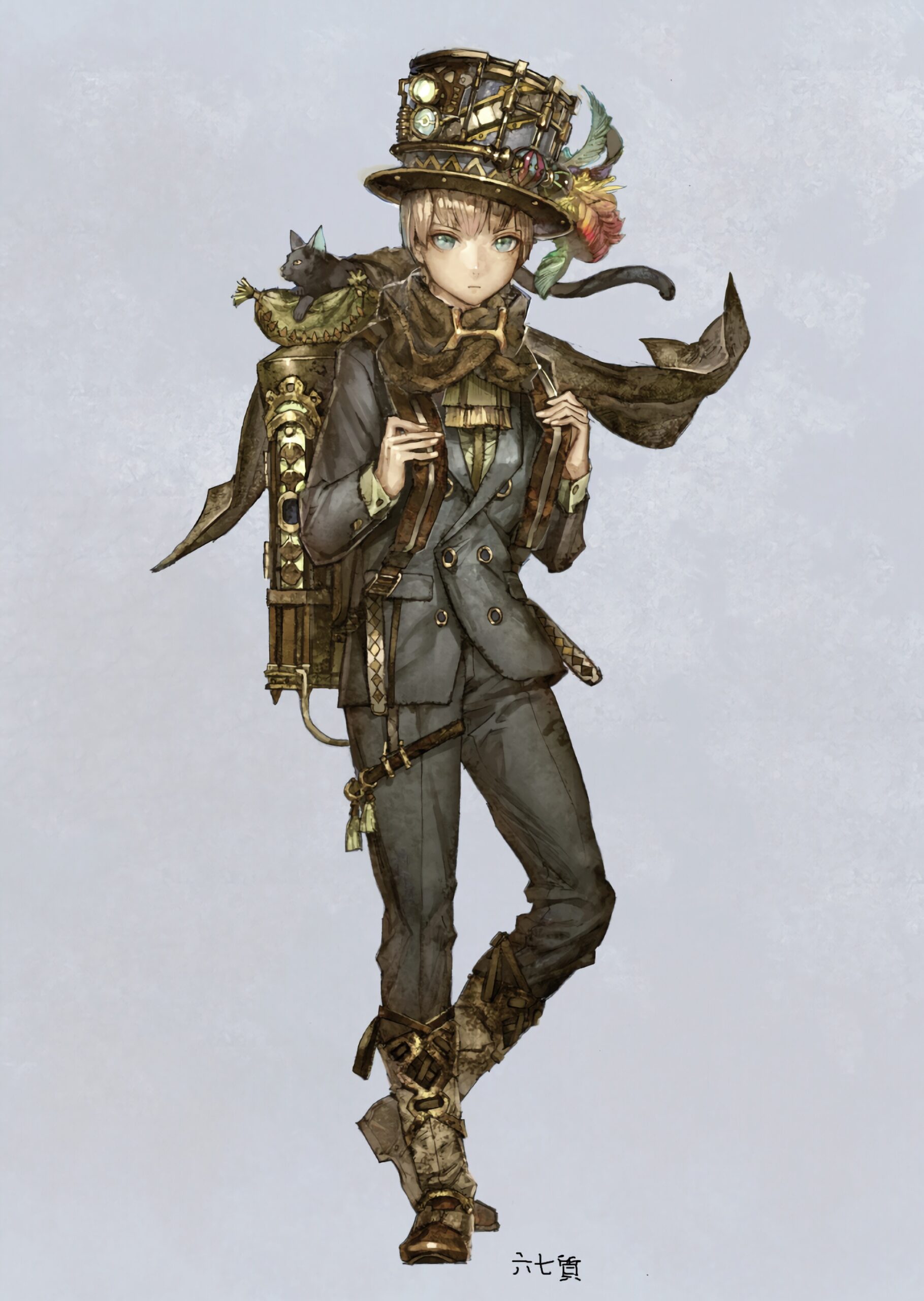 steampunk boy tophat goggles suit cat