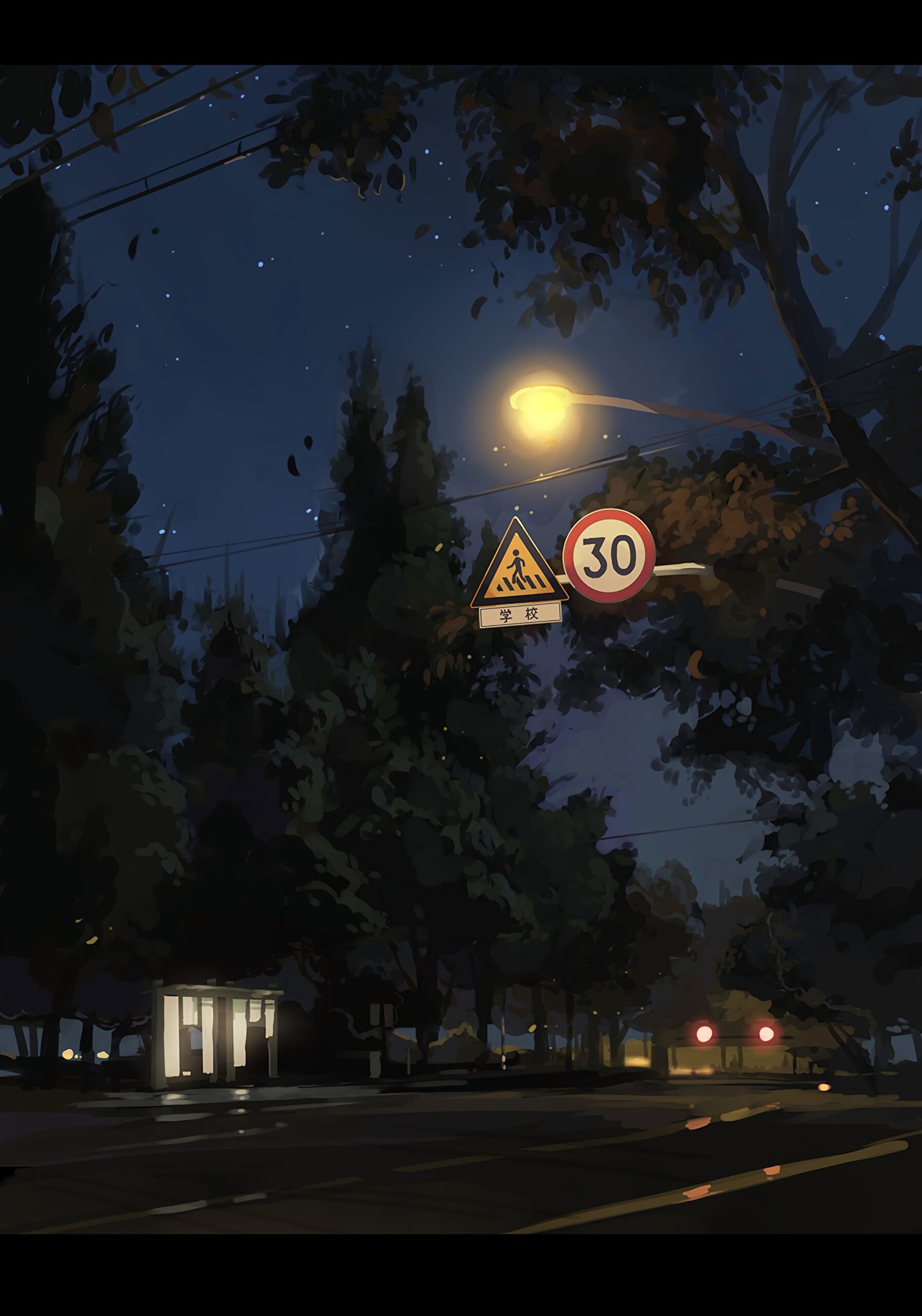 night street trees sidewalk sign 30kmh