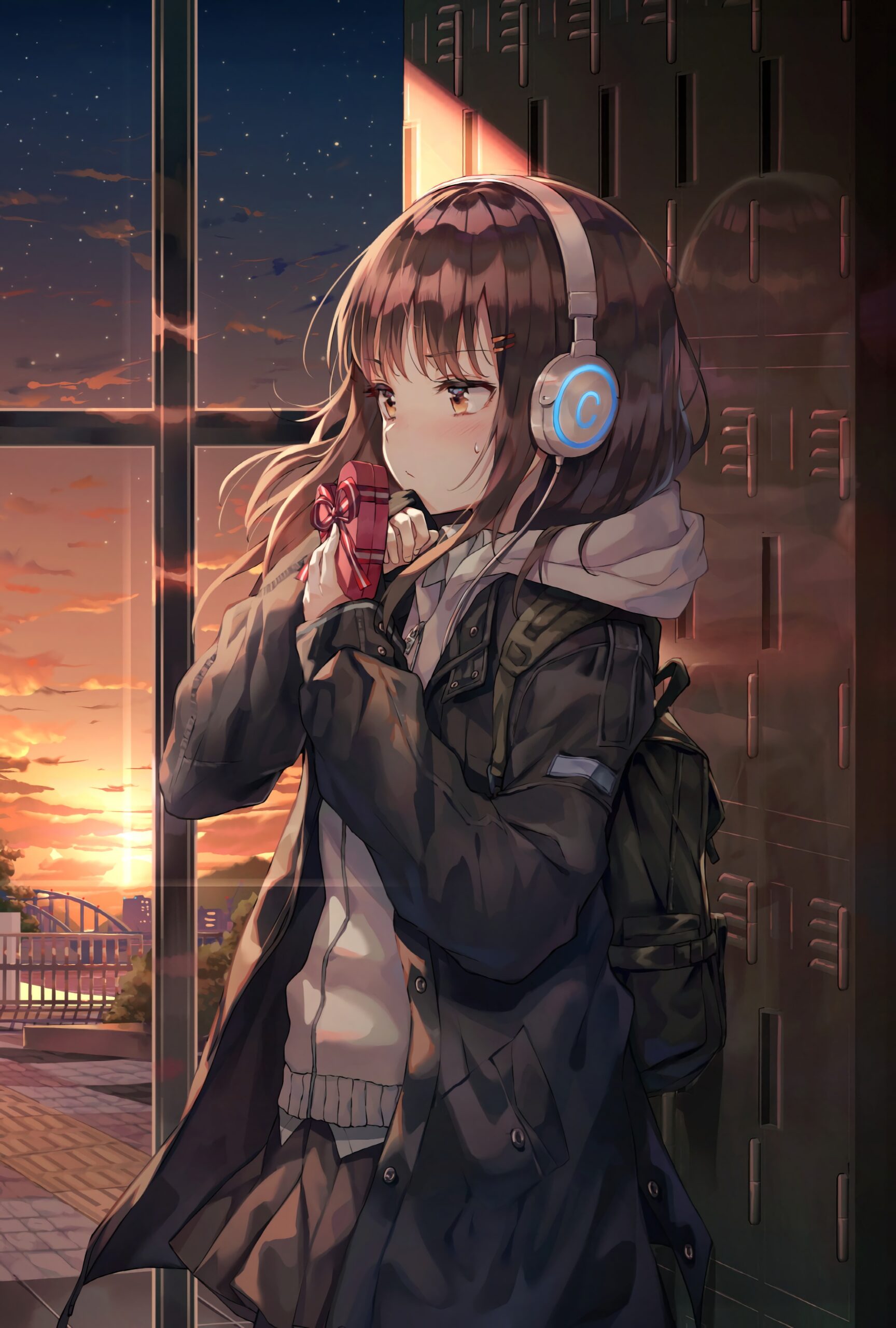 animegirl headphones gift sunset