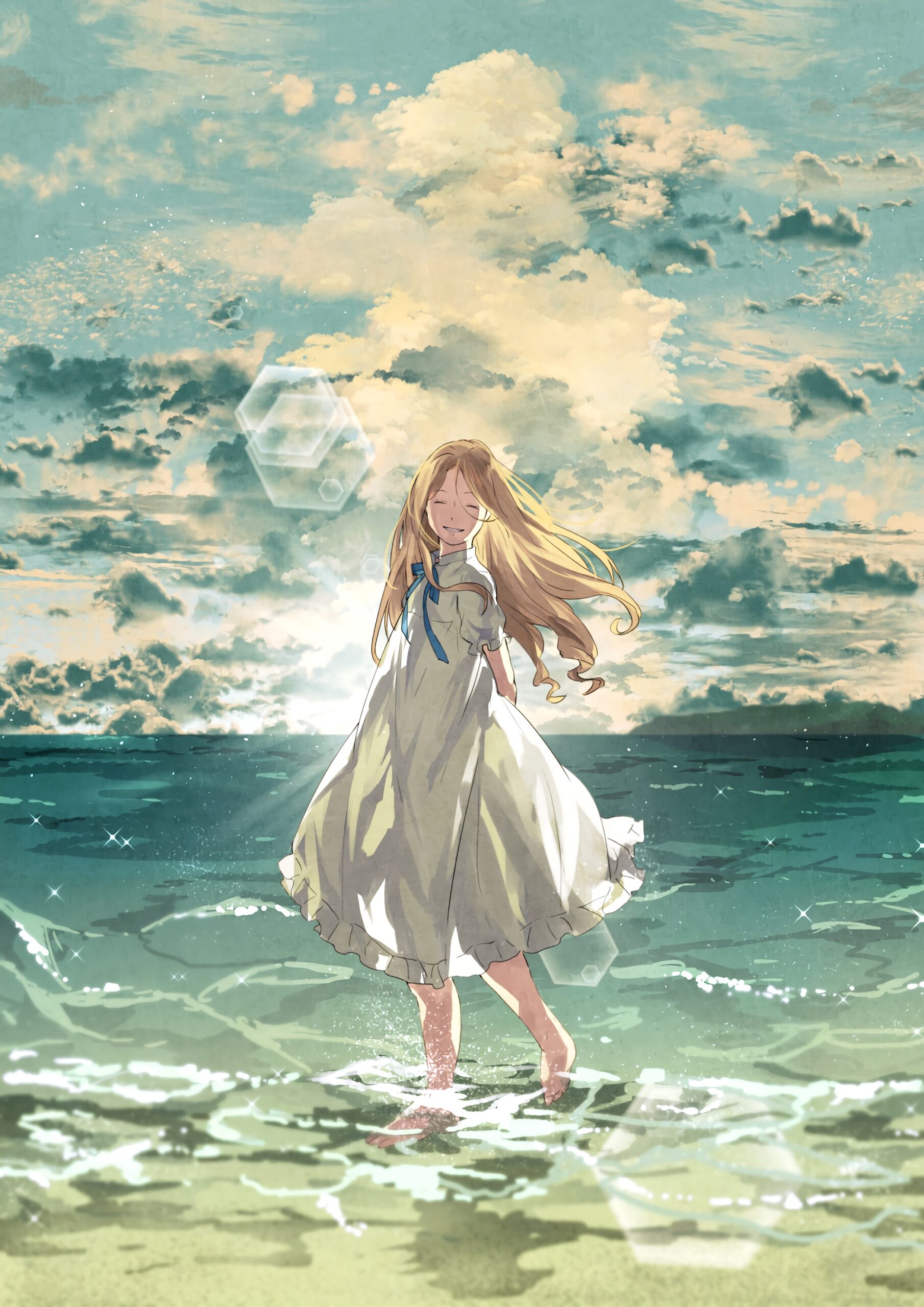 animegirl summer beach sea ocean clouds