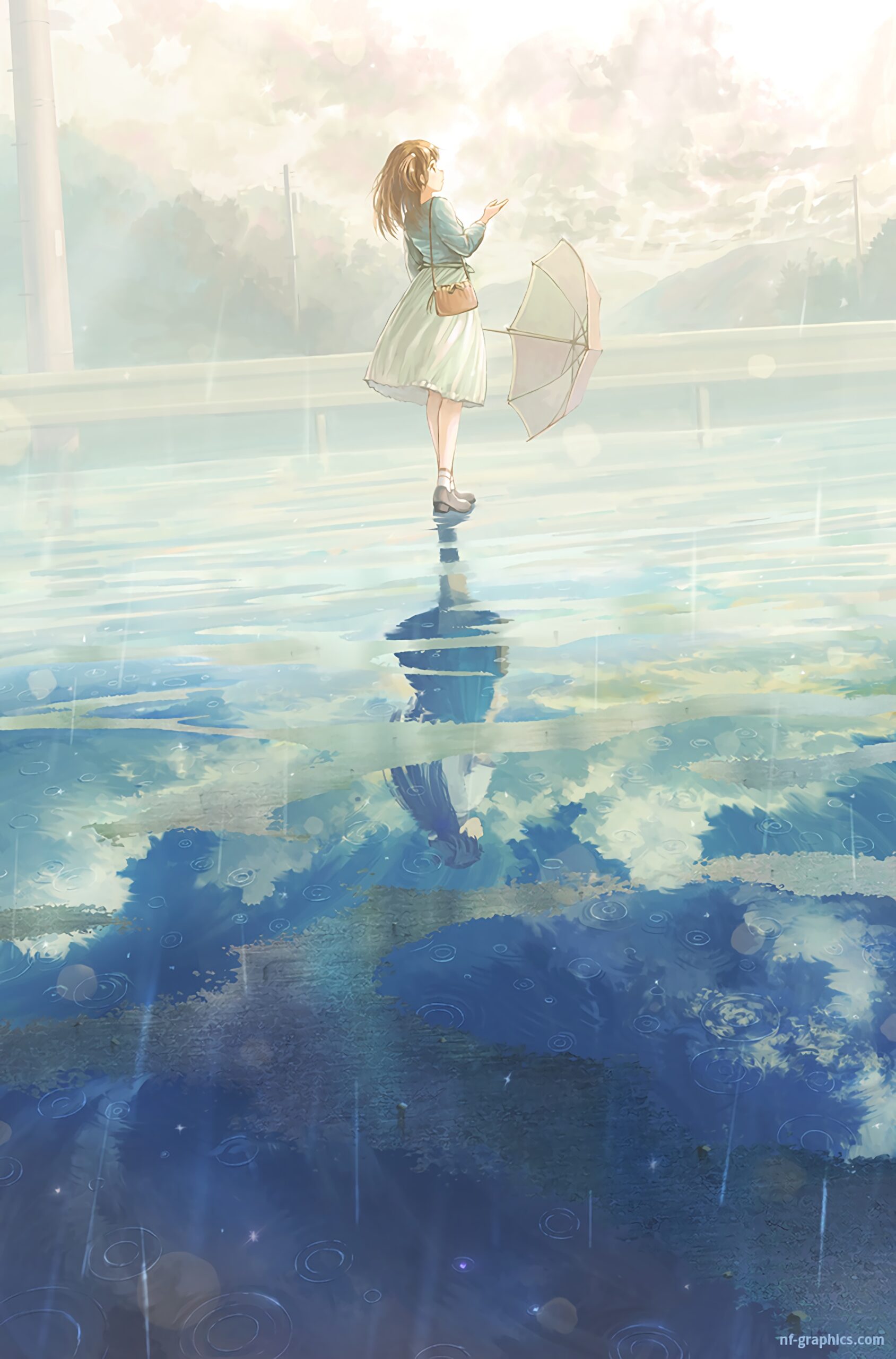 animegirl umbrella rain puddle