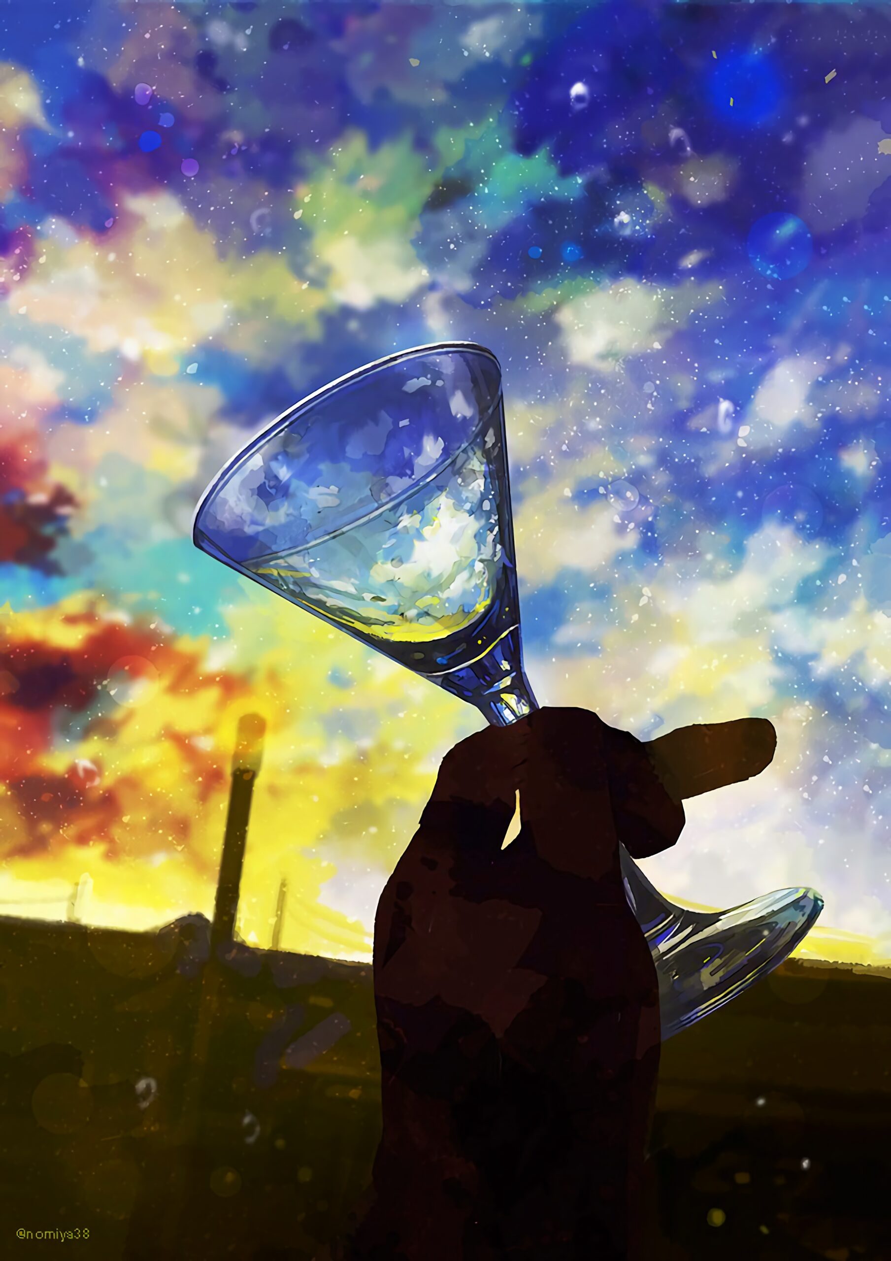 wine glass hand silhouette colorful sky