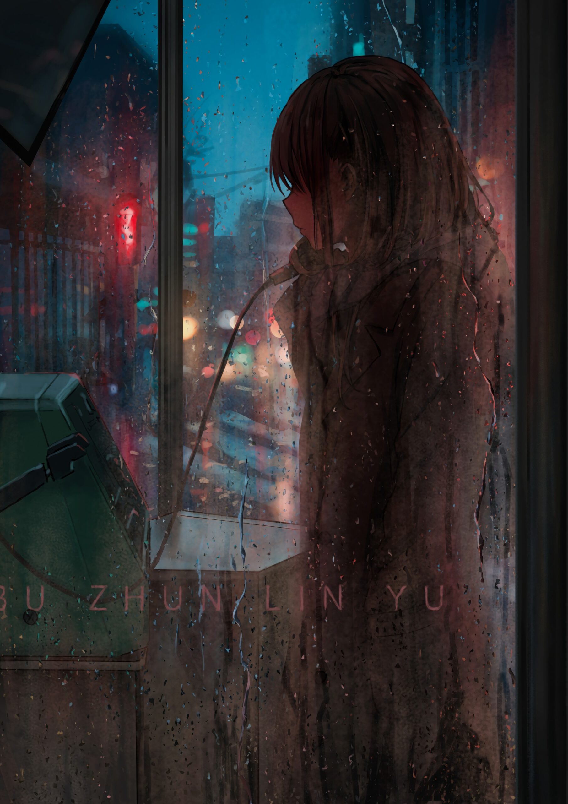 rainy night girl phone booth payphone