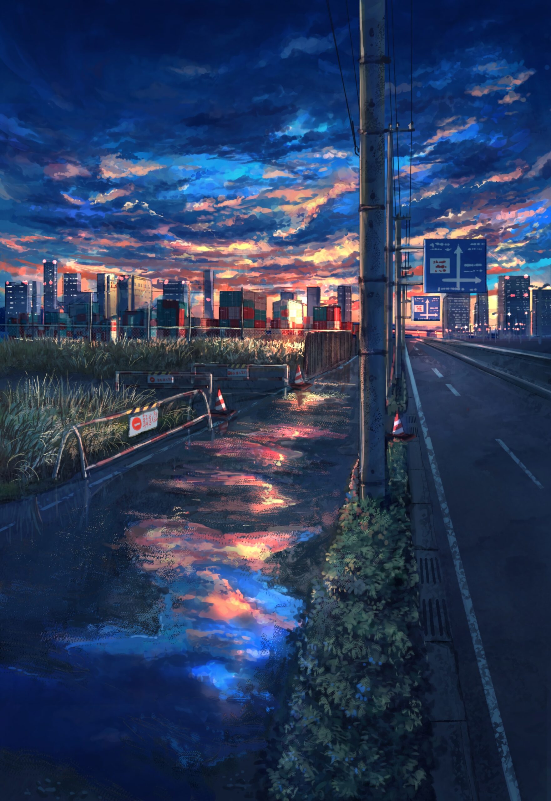night road cityscape sunset sky