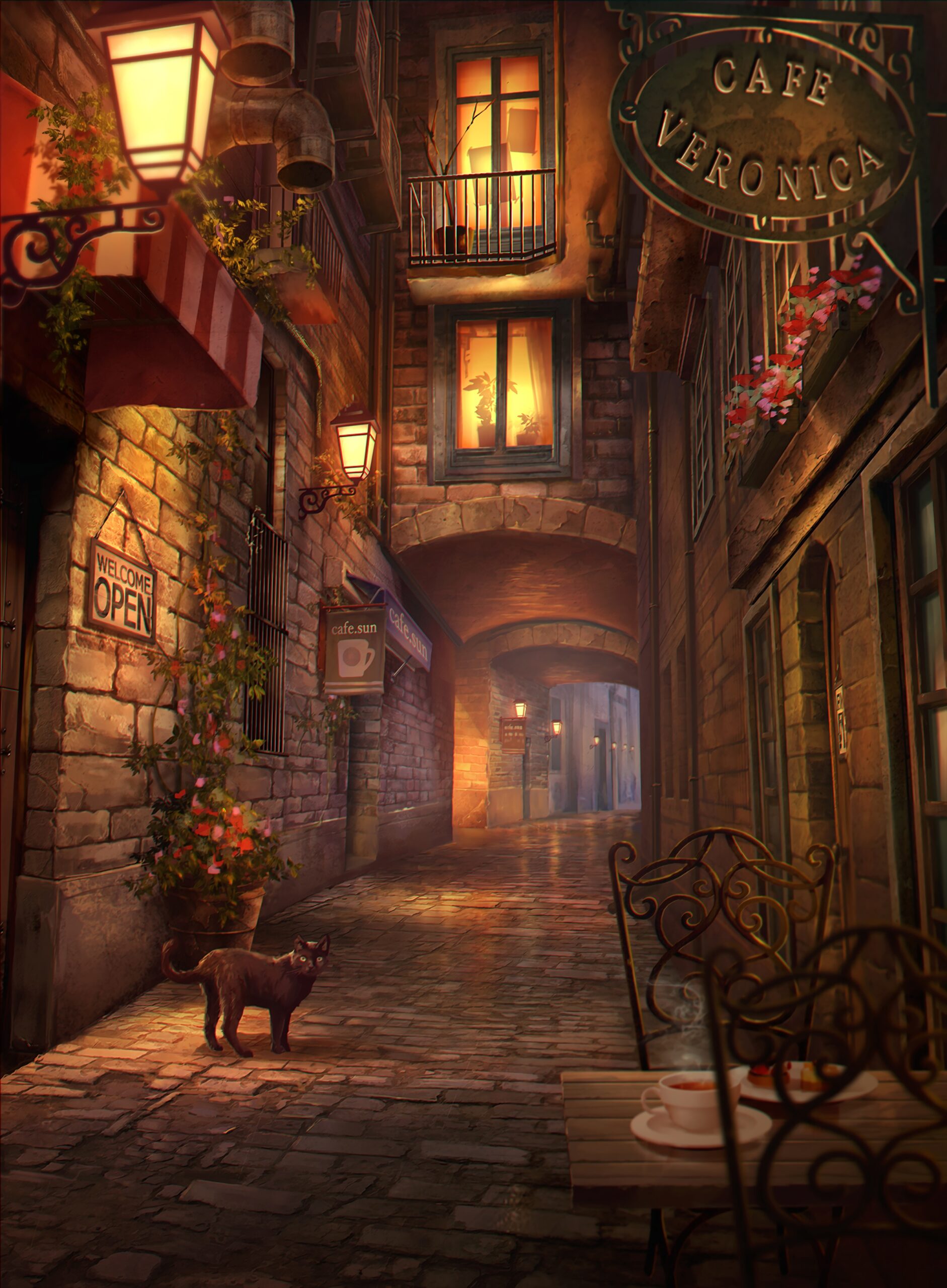 cafe alley cat european old town night