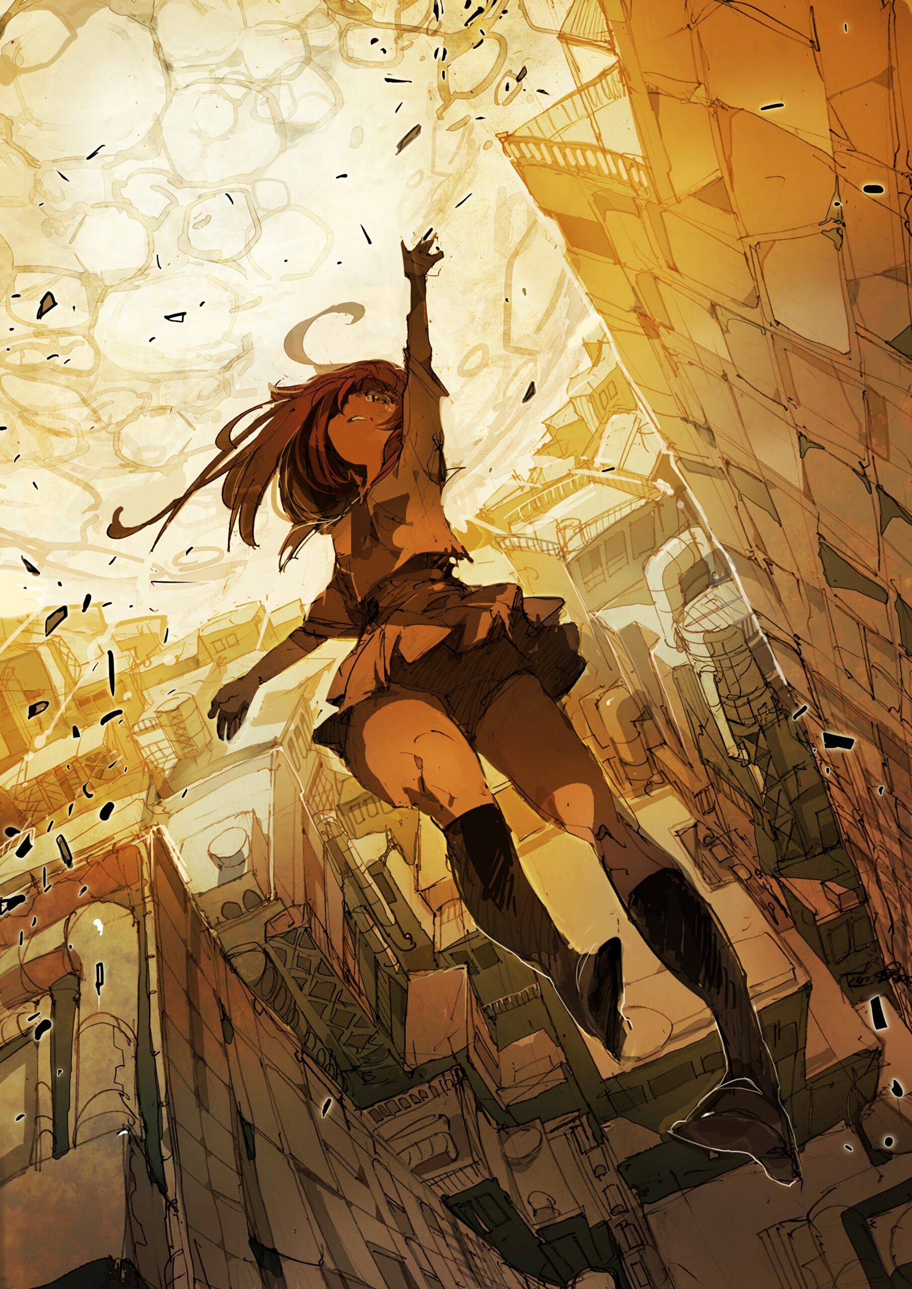 girl floating falling cityscape yellow