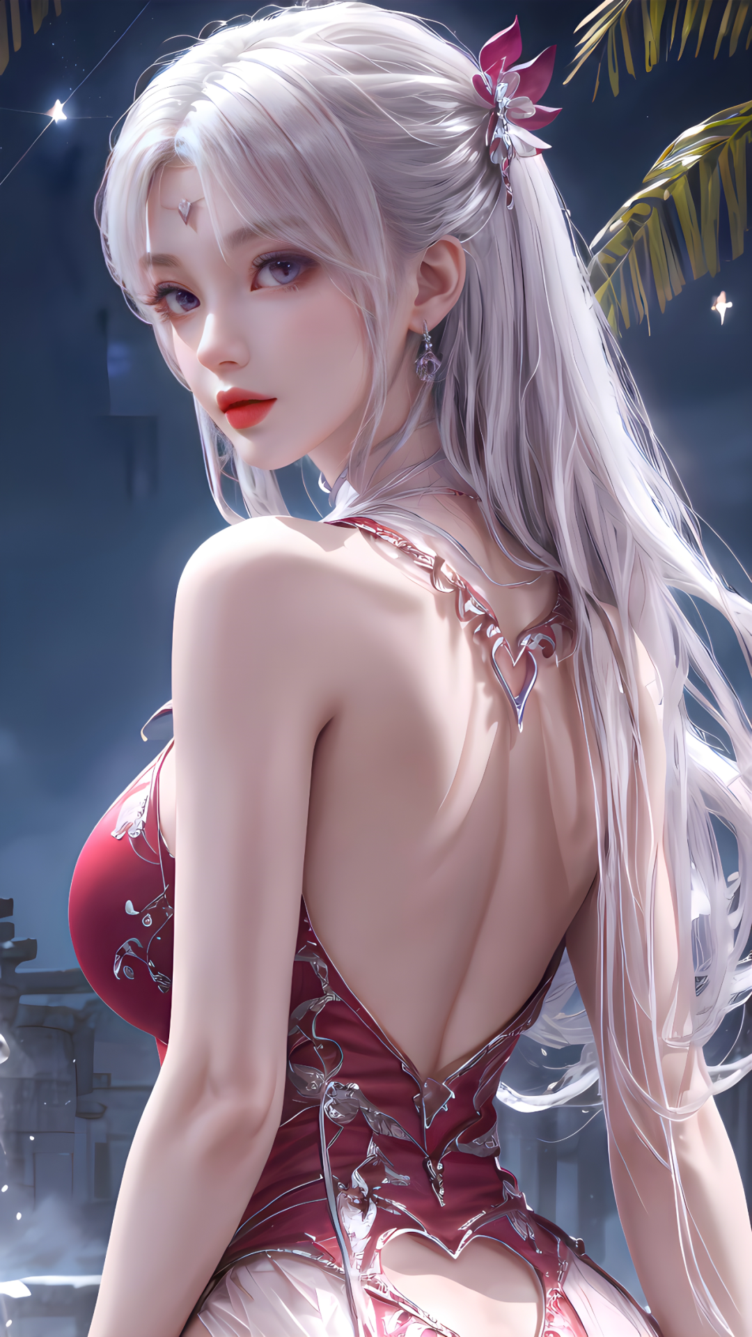 girl red dress whitehair backless