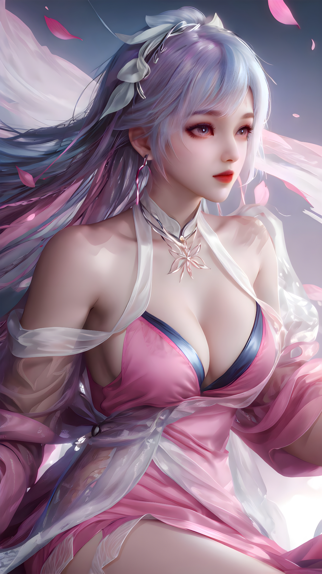fantasy girl pink hair dress flowing