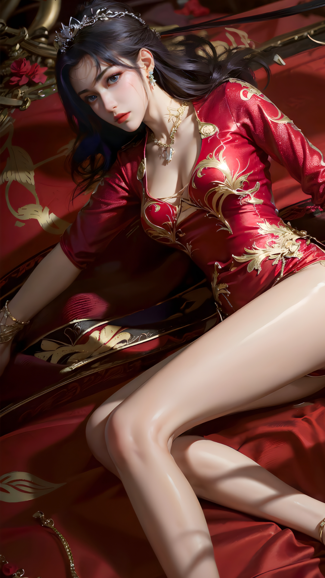 girl red gold dress bed royal fantasy