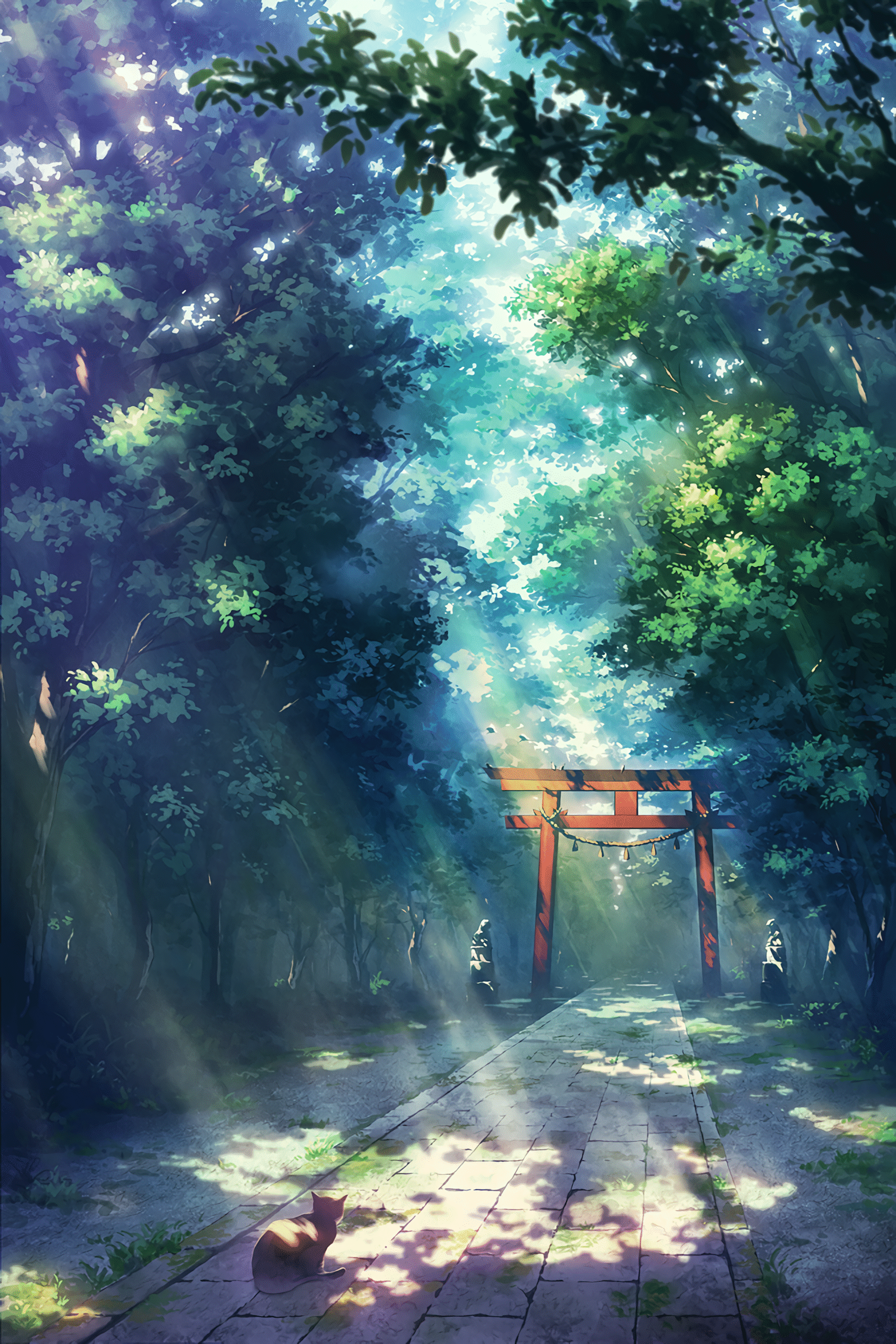 shrine torii gate forest sunlight path