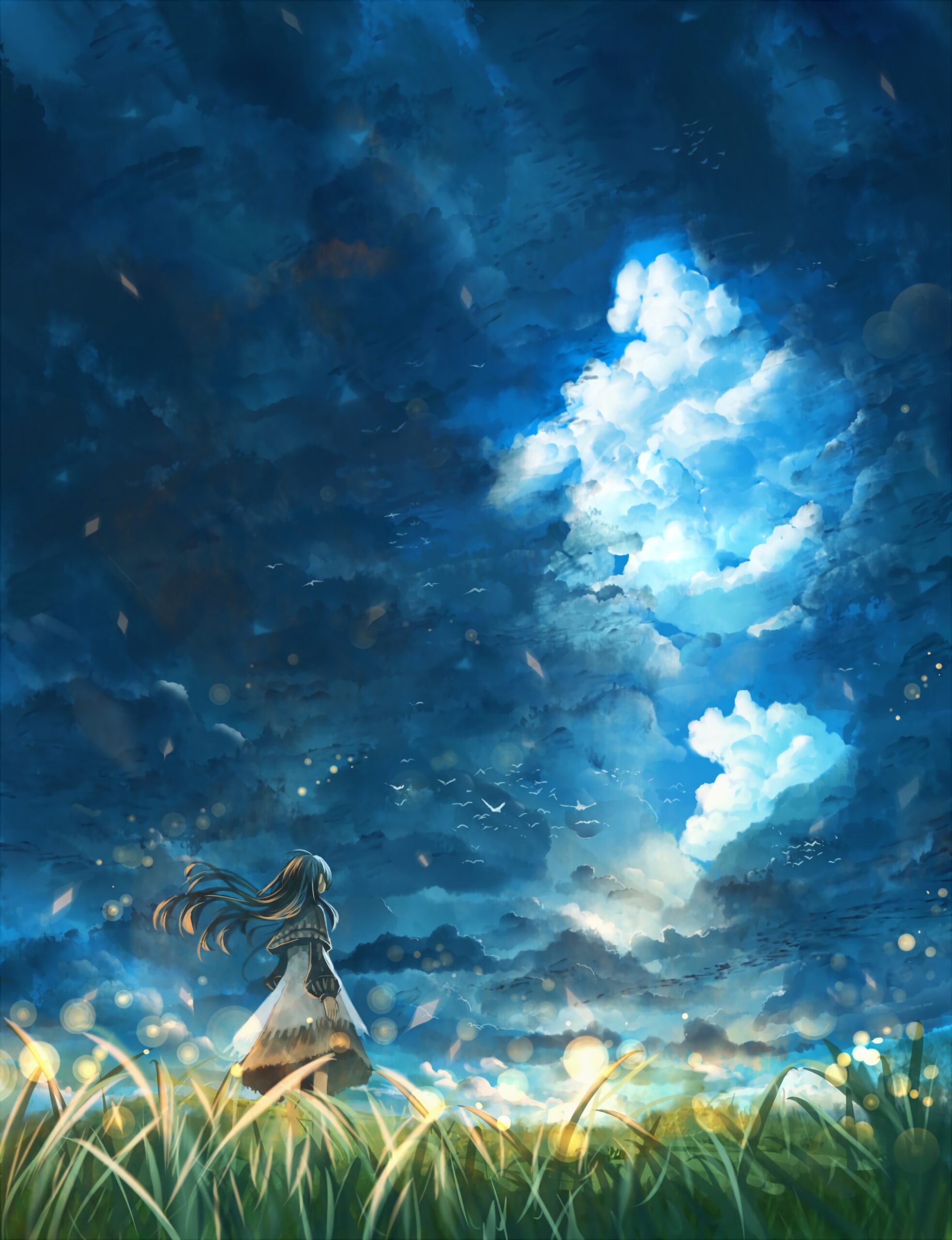 starry night girl clouds fantasy sky