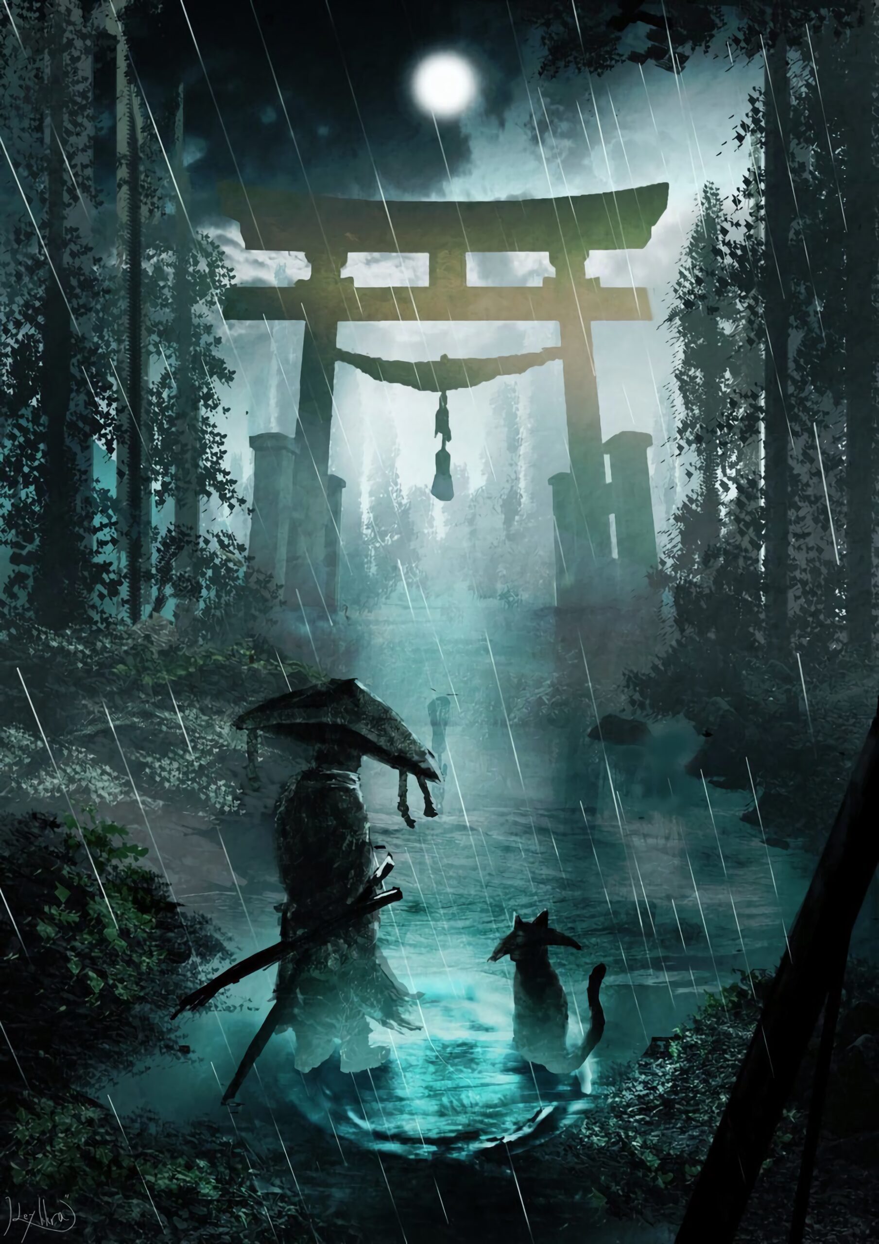 torii gate japanese shrine rain night