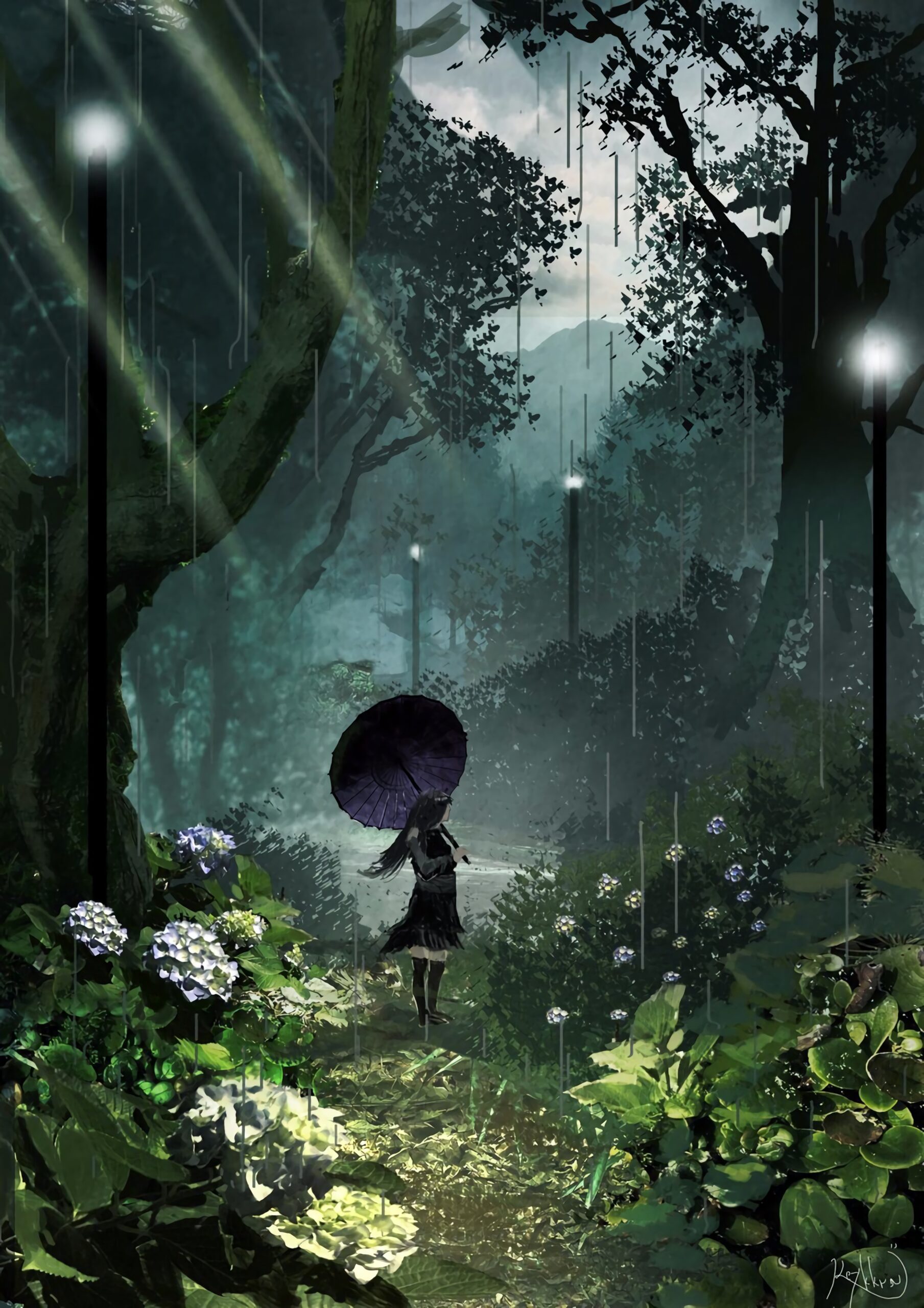 rain anime girl umbrella forest dark