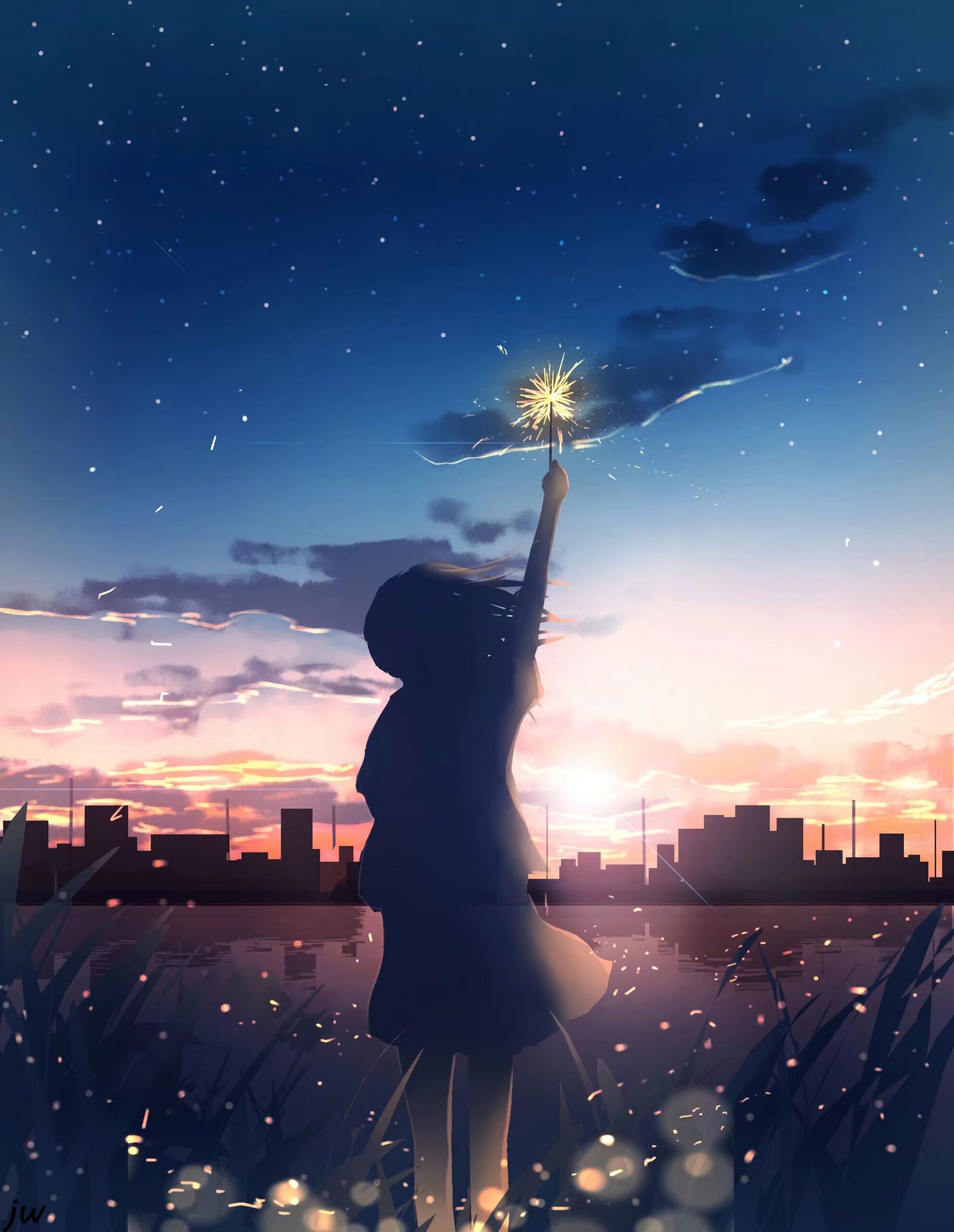 sparkler girl silhouette sunset city
