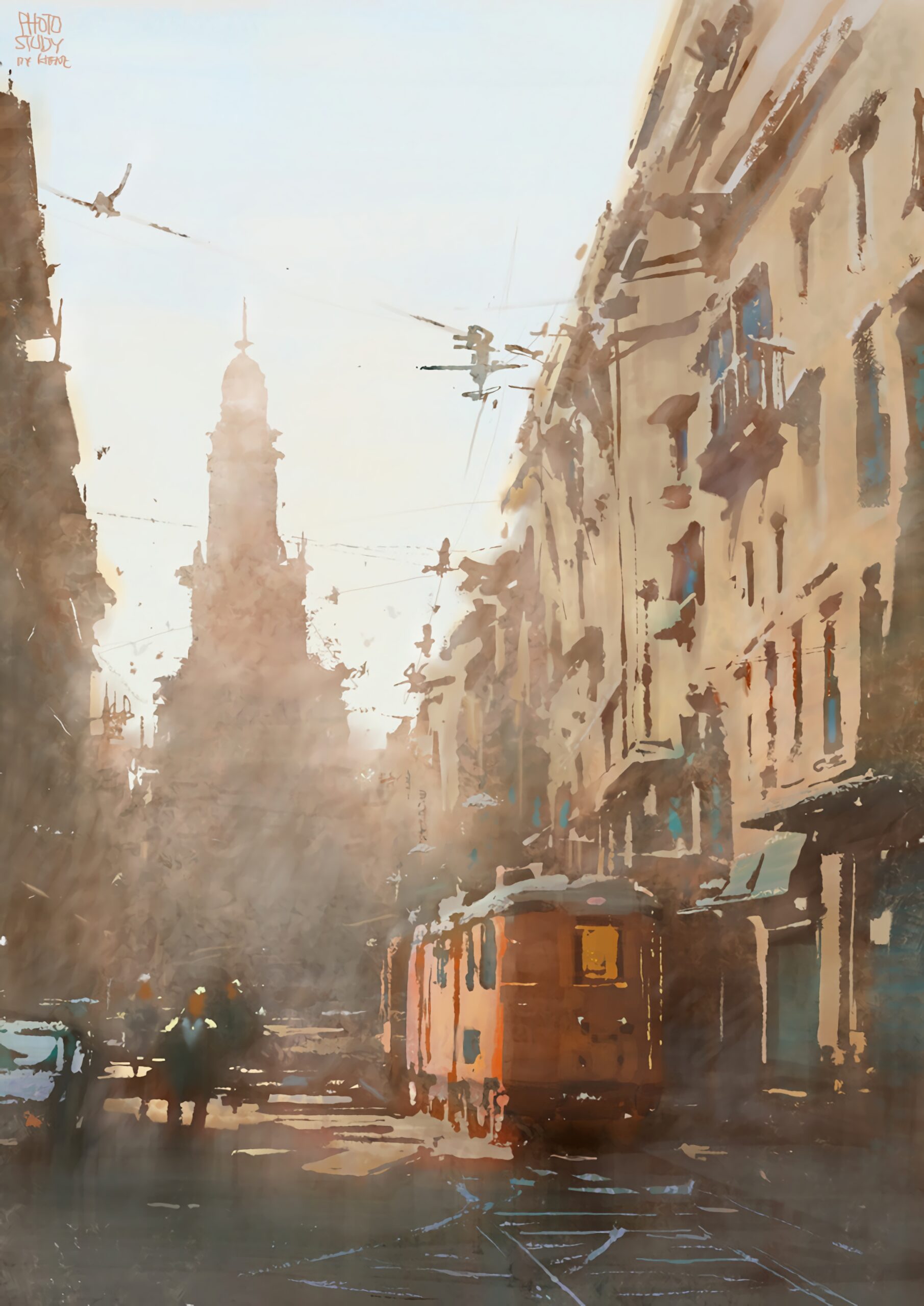 european street cityscape tram vintage