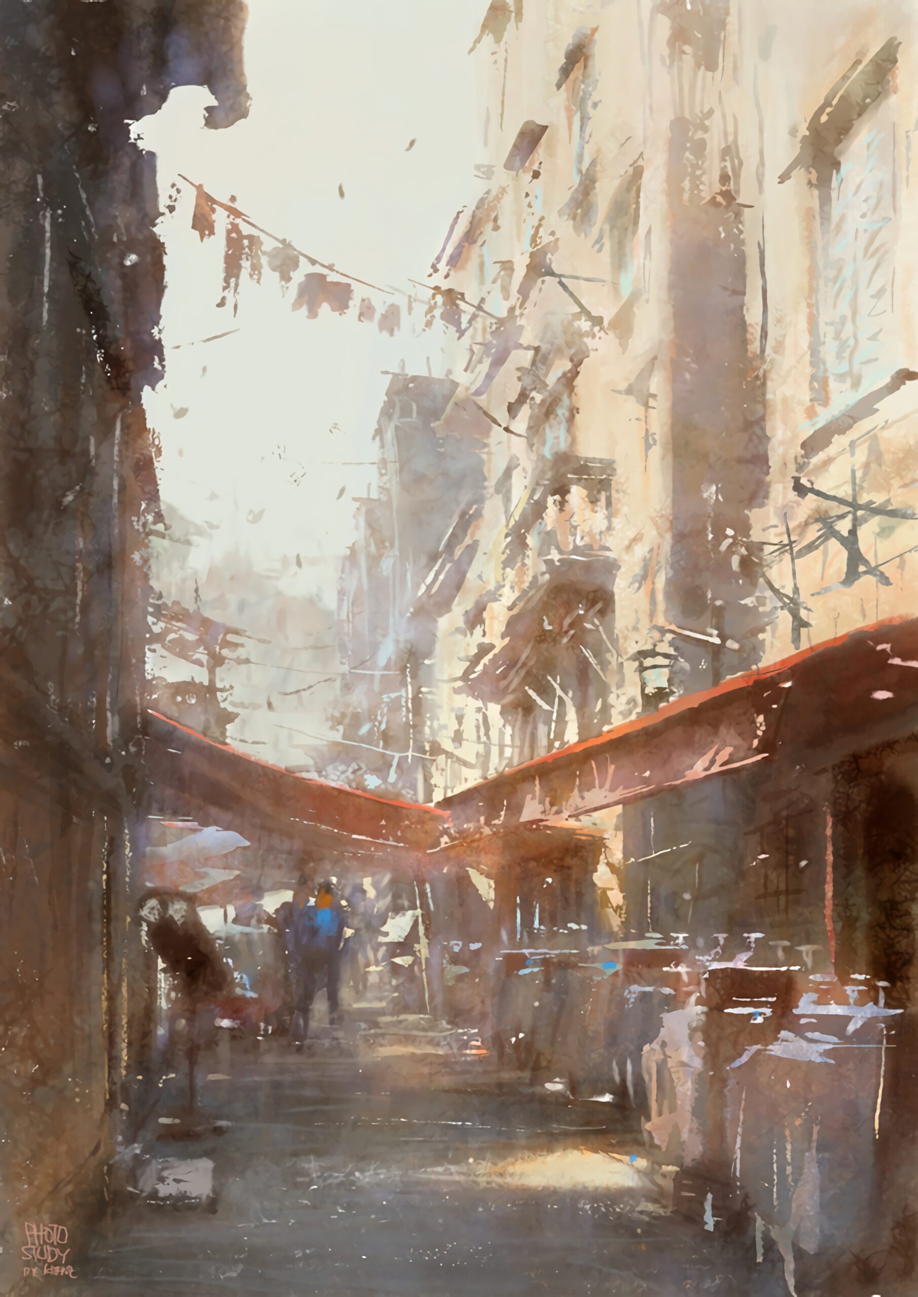 street market urban watercolor painting